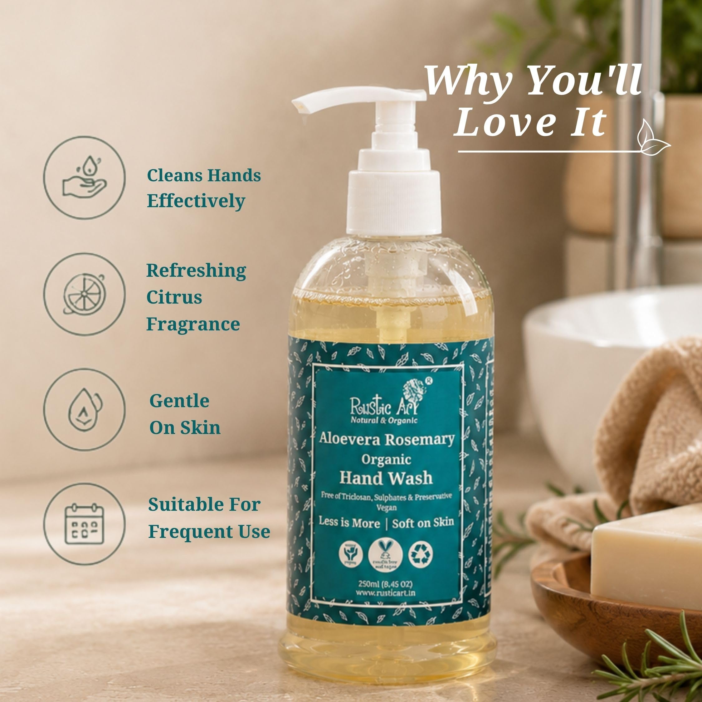 Rustic Art Organic Aloe Vera Rosemary Hand Wash | Natural, Vegan | Non-Drying, Hydrating | Sulphate & Paraben Free | 250ml 4