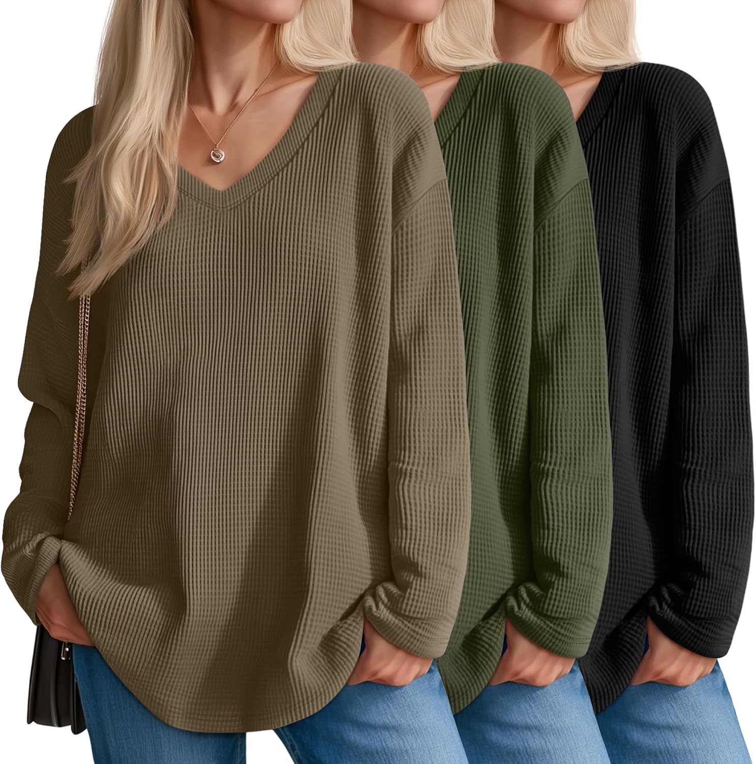 3 Pack Women's Oversized Waffle Knit Shirts, V Neck Long Sleeve Top Fall Casual Sweatshirt for Women