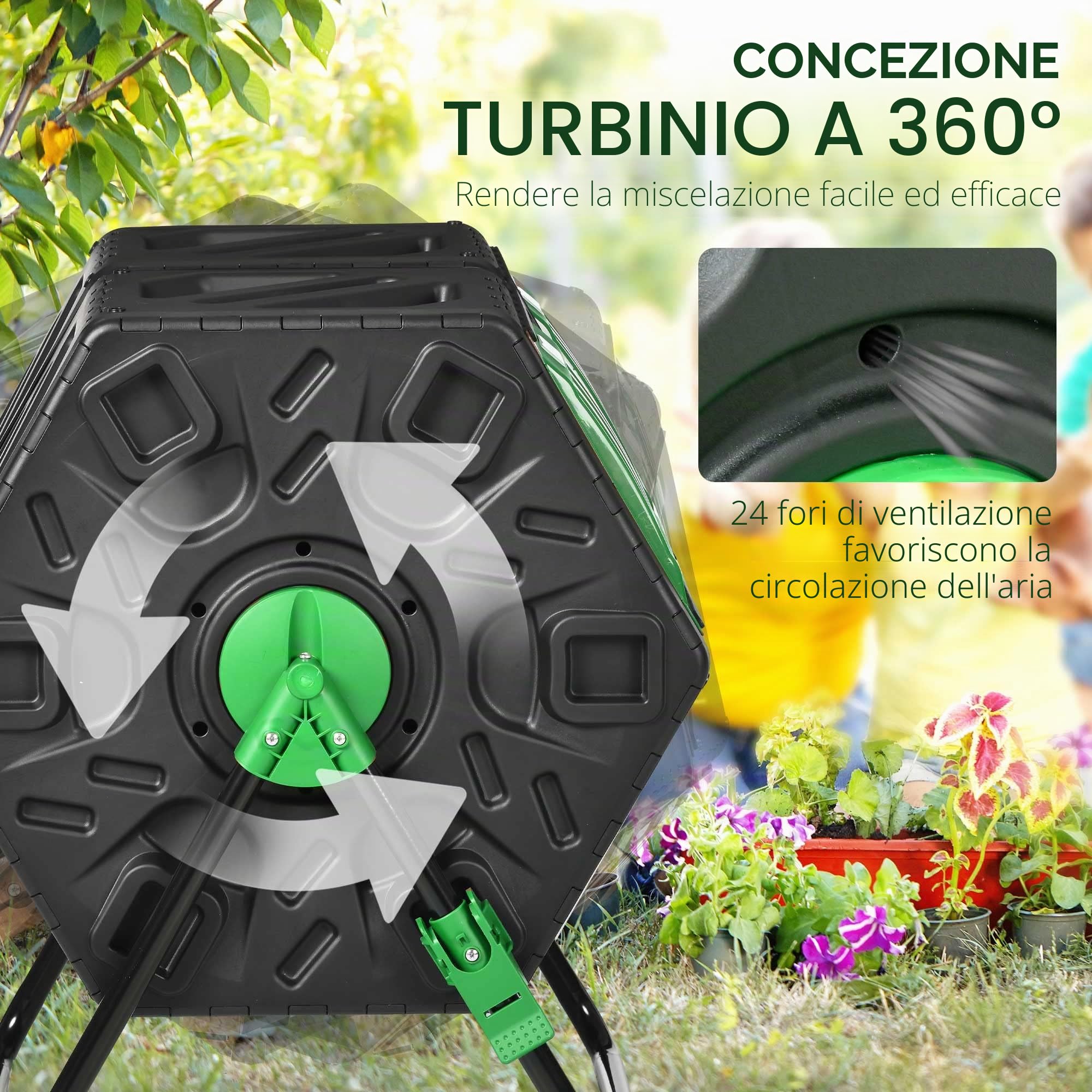Outsunny Composter da giardino – vassoio compost per rifiuti – rotante a 360° – doppia camera 160 L – acciaio PP nero
