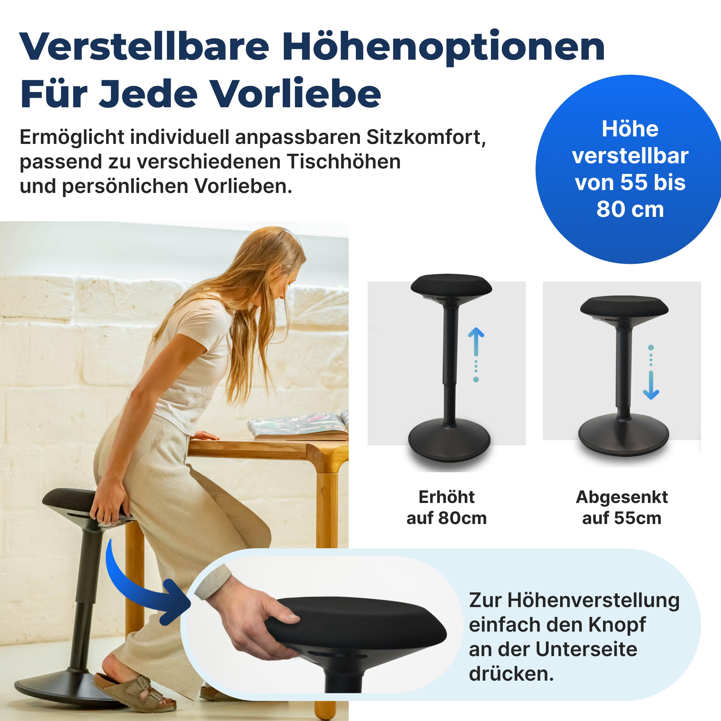 Ergonomischer Hocker TESTSIEGER - Bürohocker Höhenverstellbar [55-80cm] Stehhocker für Büro mit Schwingeffekt - Büro Stehstuhl - Rutschfester Sitzhocker Ergonomisch - Wackelhocker Büro - Mattschwarz