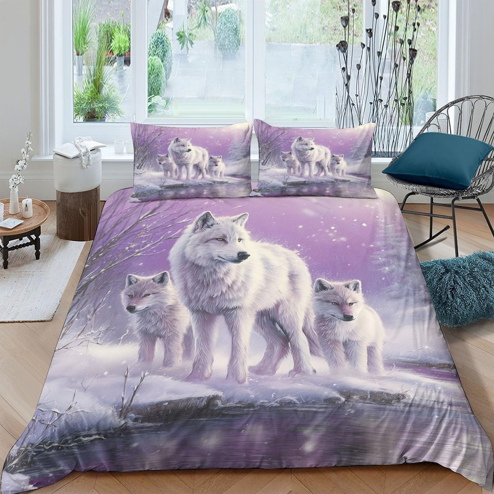 Ctjqhvkz Style-2 3D Printed White Wolf Forest Fitted Sheet Microfiber Purple Wilderness Mattress Cover Bedroom Decor Machine Washable Single（135X200cm）
