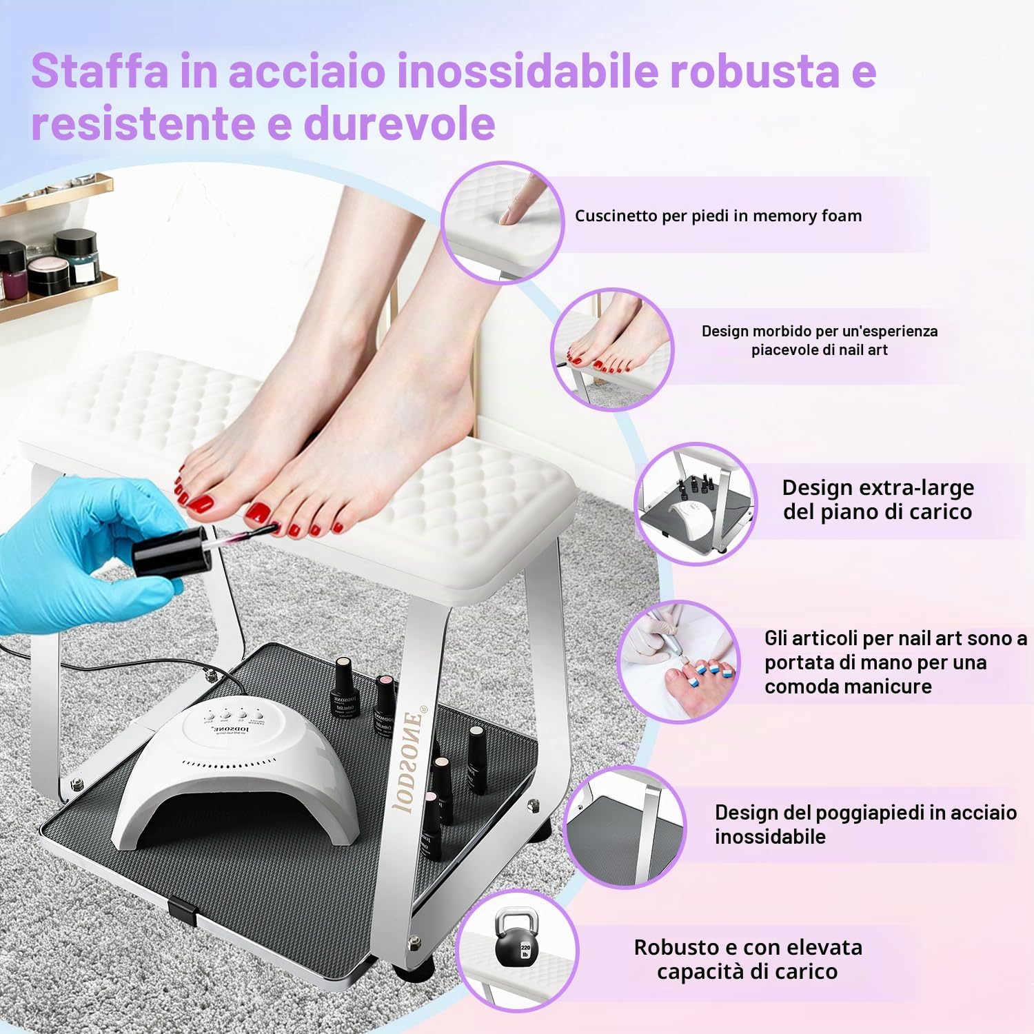 JODSONE Supporto Piede per Pedicure con Cuscino Morbido, Sgabello, Alza Unghie, in Acciaio Inox Rimovibile, per Pedicure Stazione, Uso Domestico e in Salone