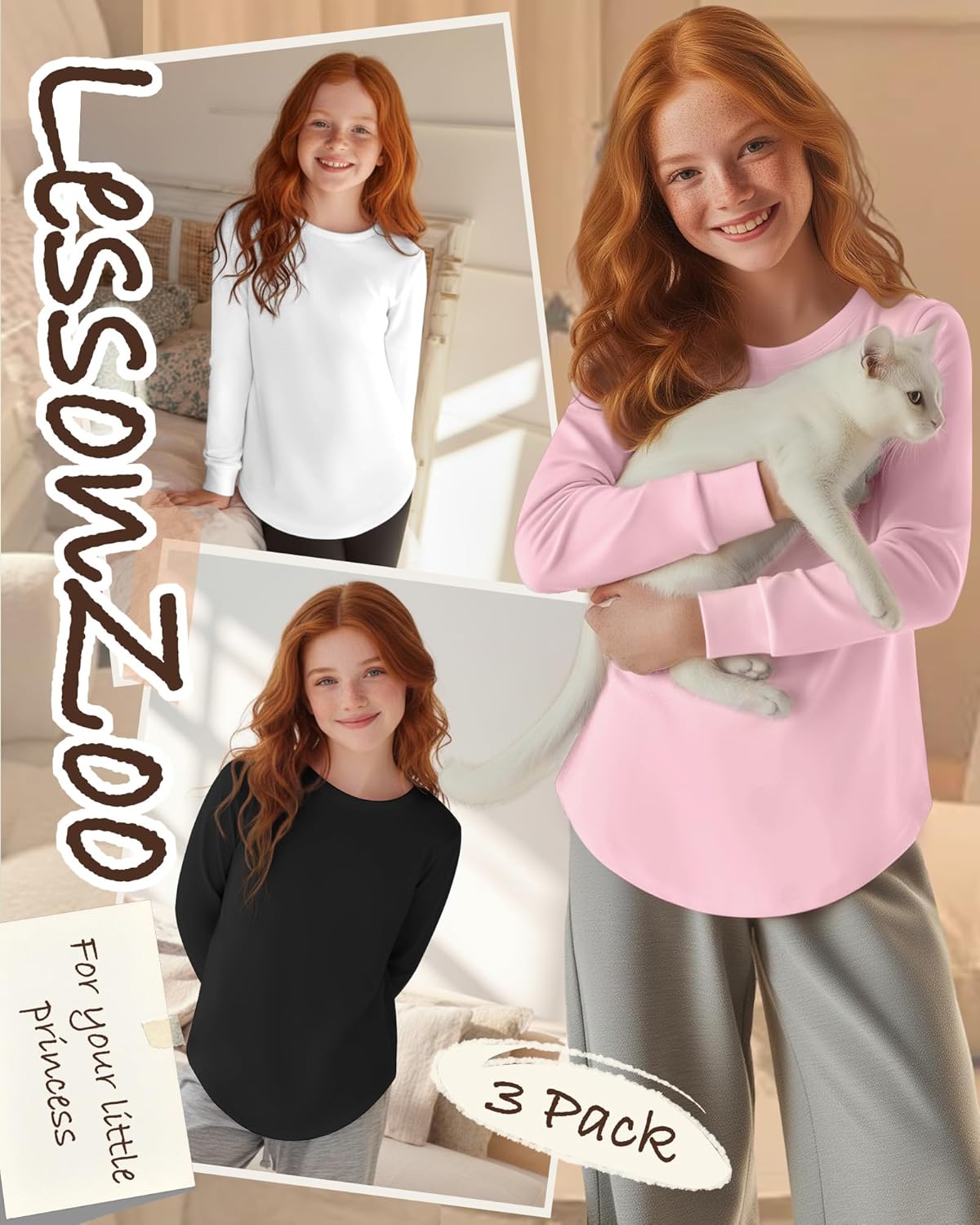 3 Pack Girls Long Sleeve T Shirts, Kids Casual Crew Neck Shirts Soft Curve Hem Tees Loose Fit Basic Tunic Tops - Image 4