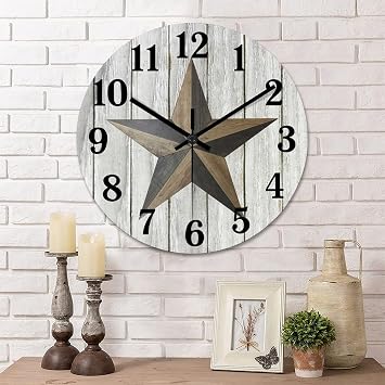 Classic Farmhouse Wall Clock Western Texas Star Country Vintage Style Wood Clock Silent Non-Ticking Battery Operated Wooden Analog Clock for Living Room School Patio Home Accent 12 Inch