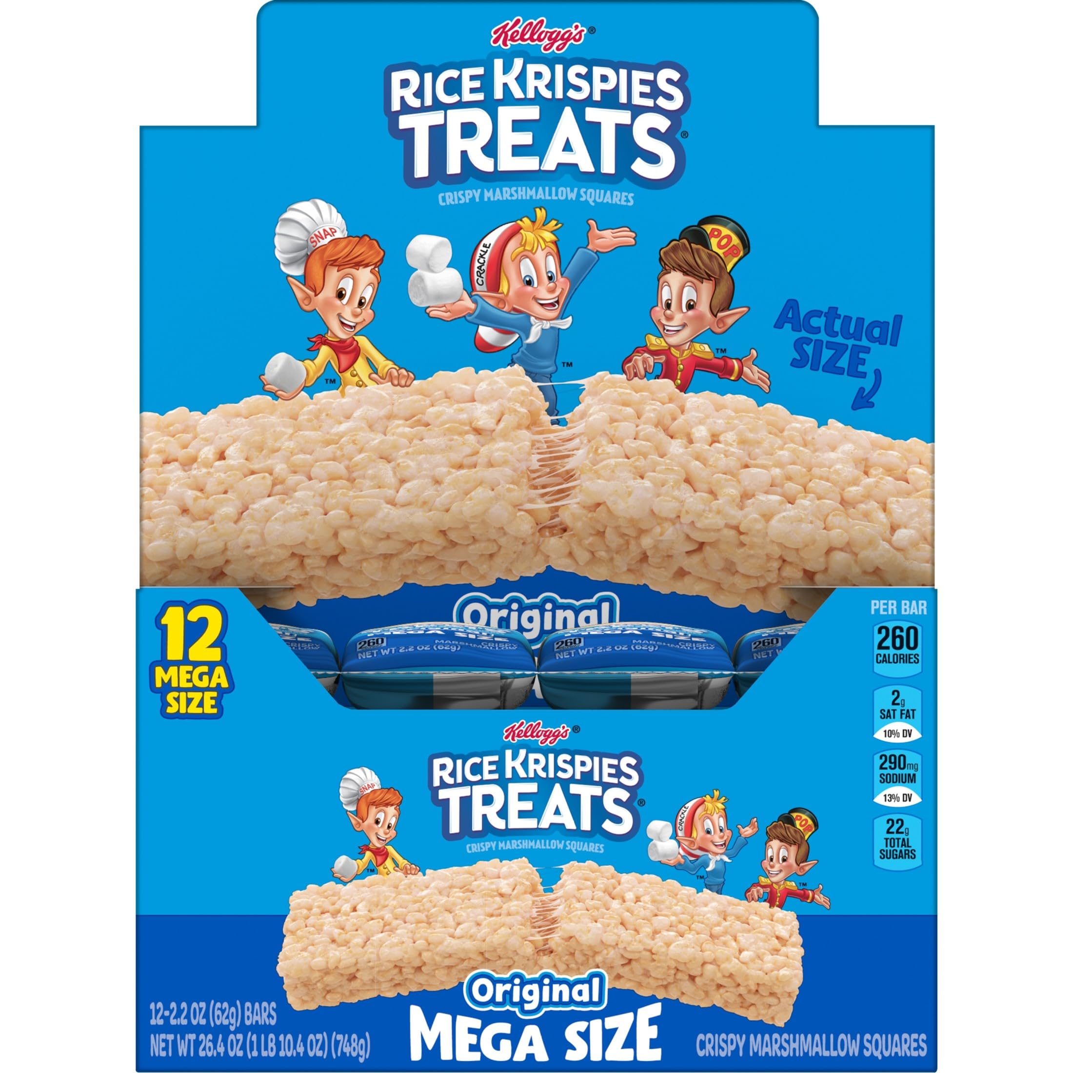Rice Krispies Treats Mega Bars Duże bary z przekąskami Marshmallow, przekąski dla dzieci, oryginalne, pudełko 750 ml (12 batonów)