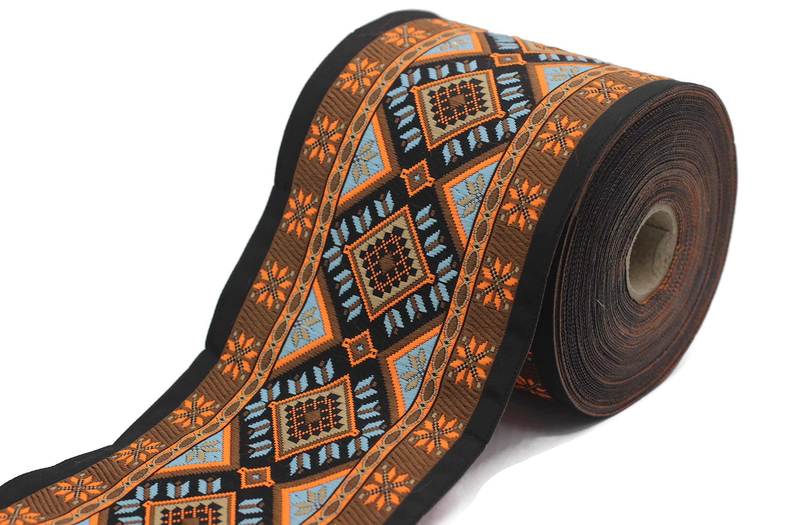 10 mètres de ruban jacquard de style Bleu-Orange Geometrique des rubans de tissu pour artisanat 100mm