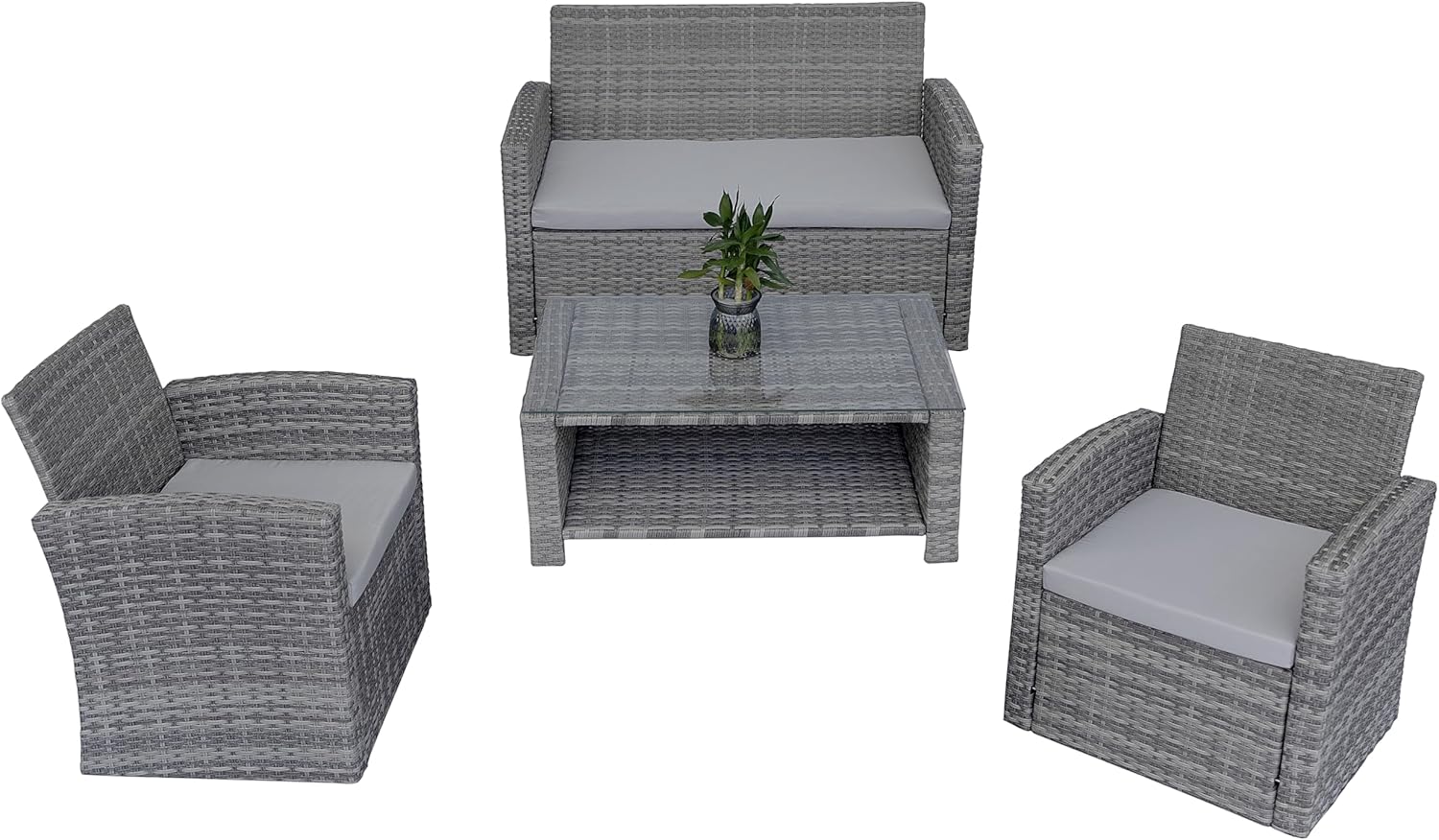 4 Seater Rattan Garden Furniture Set – 2 Chairs, Loveseat Sofa, Coffee Table – Grey Outdoor Patio Set with Cushions, Tempered Glass Table – Steel Frame Lounge Seating