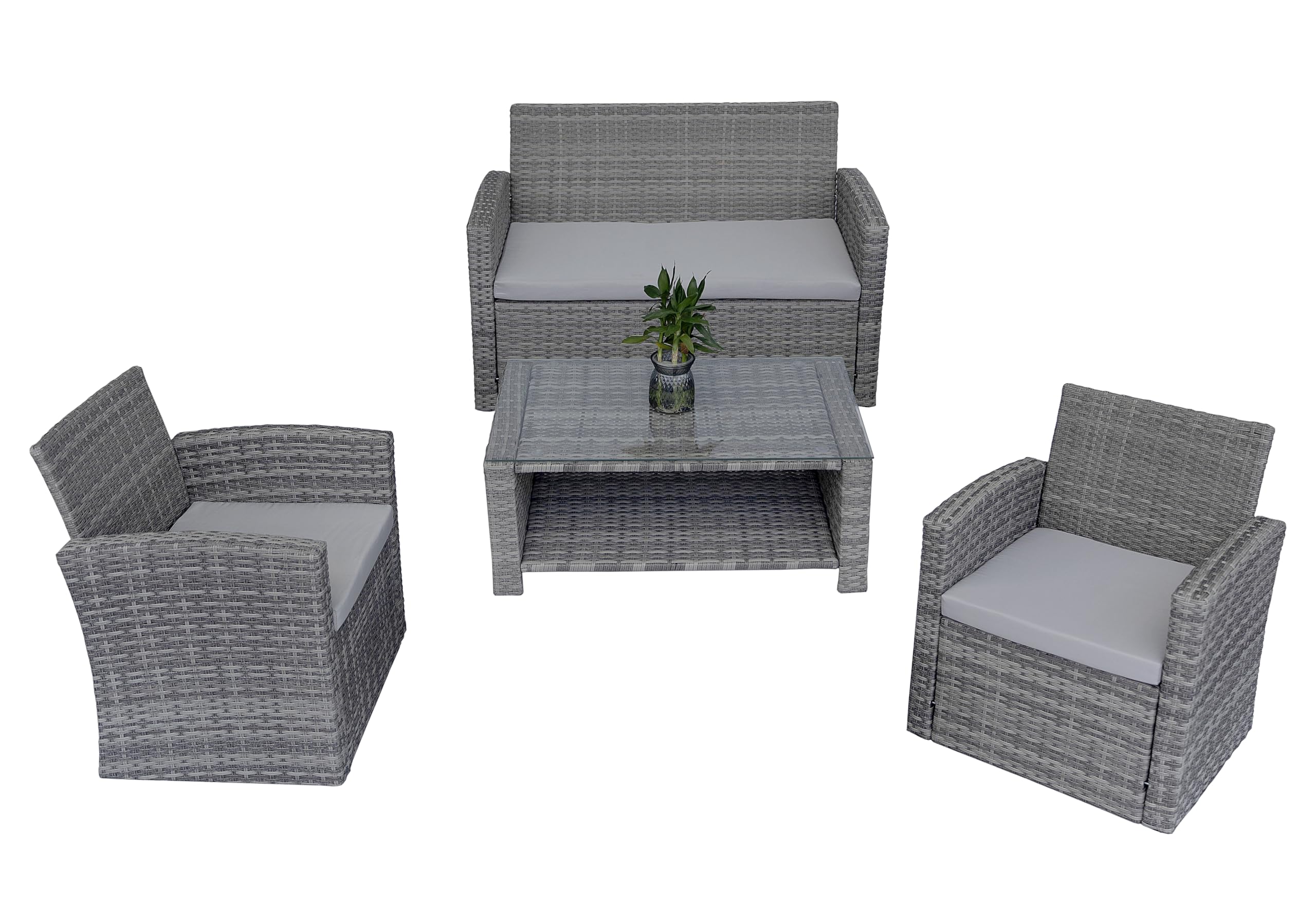 4 Seater Rattan Garden Furniture Set - Loveseat Sofa, 2 Chairs, Coffee Table - Grey Steel Frame