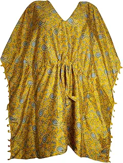 Mogul Interior Womens Yellow Kaftan Dress Recycled Sari Kimono Sleeves Beach Caftan XL