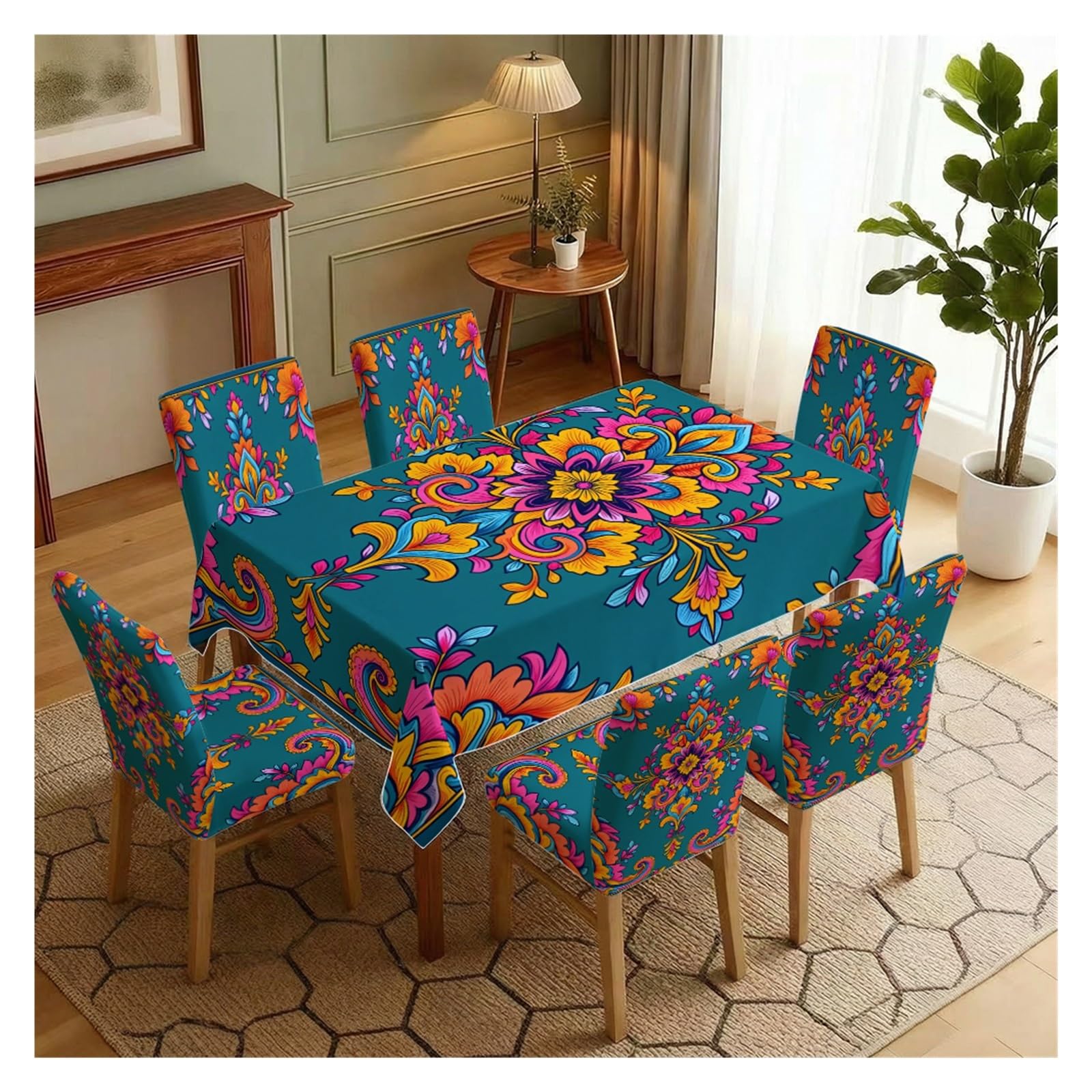 KXUAUV Stretch Dining Chair Slipcovers And Tablecloth Set, Teal Boho Mandala Floral Print, 5/7 Pack For Dining Room Bohemian Home Decor Party Decor(7pcs Set: Tablecloth+Chair Covers)