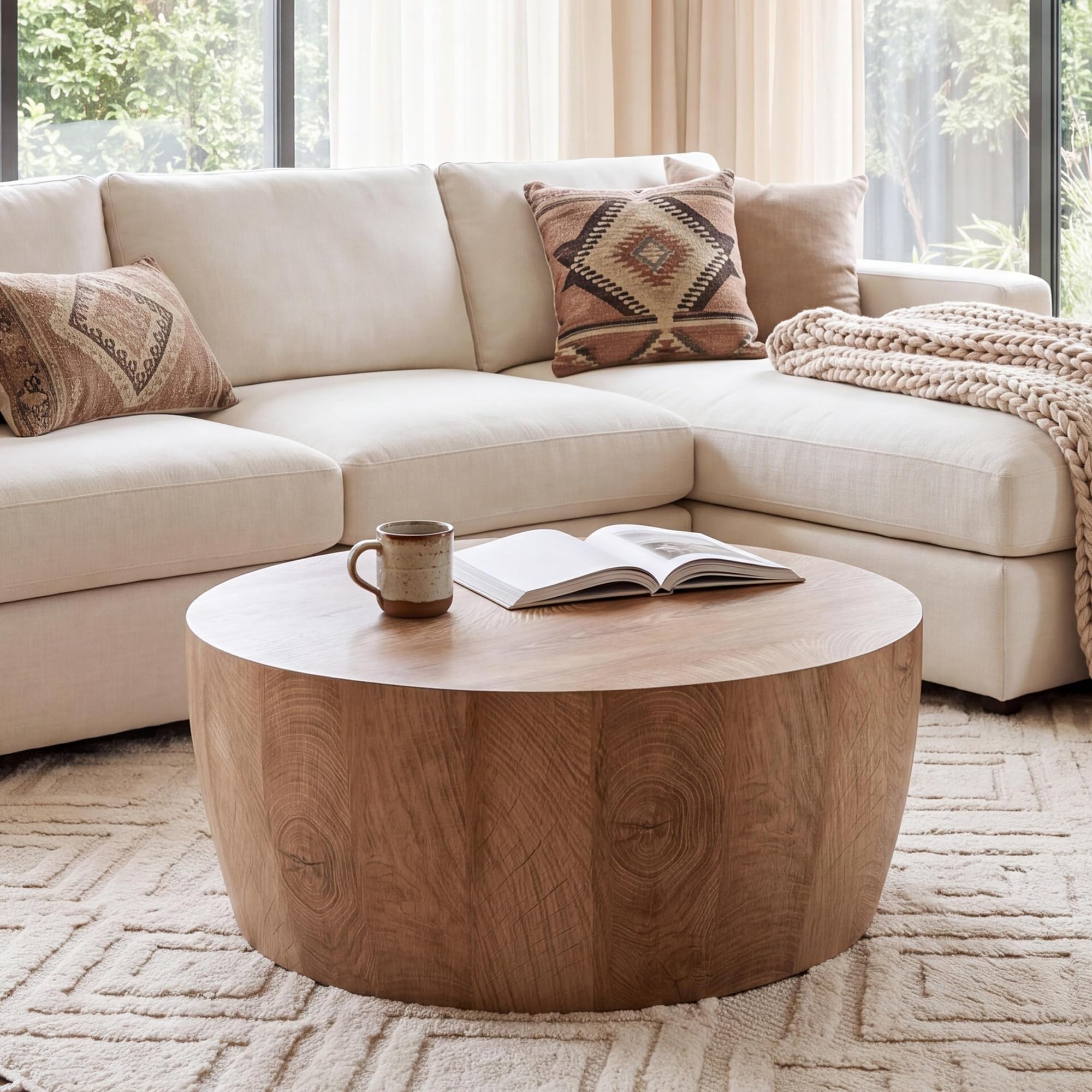 30" Round Coffee Table, Drum Coffee Tables for Living Room, Vintage Reversible Wooden Coffee Table, Mid Century Modern Center Table Tea Table for Bedroom or Off