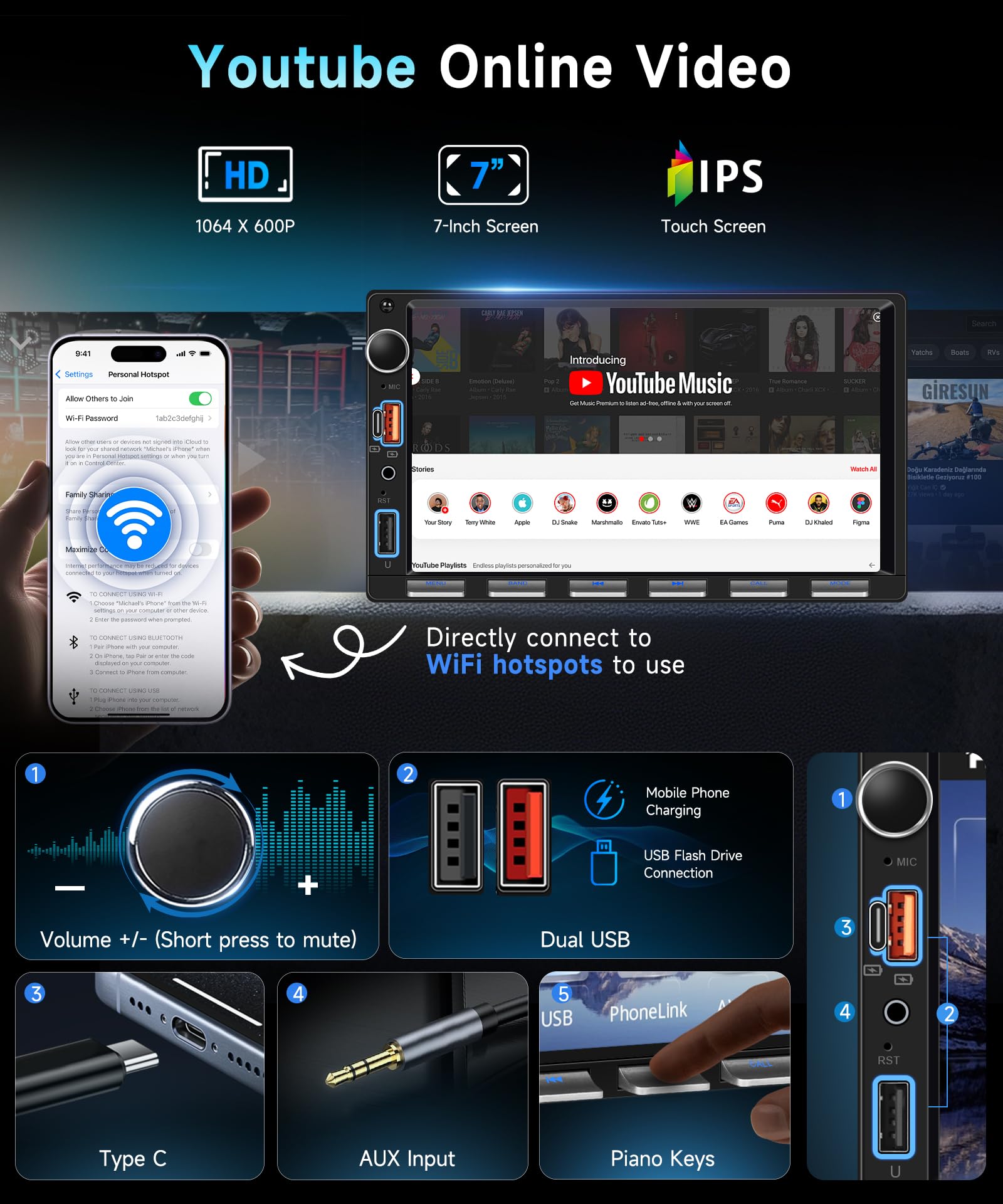 VECHTEL 7" Autoradio 2 Din con carplay wireless Android Auto,radio FM con Blurtooth,navi GPS,2 USB/SD/AUX, video online,Mirror Link,auto touchscreen IPS con telecamera di retromarcia/tasti pianoforte