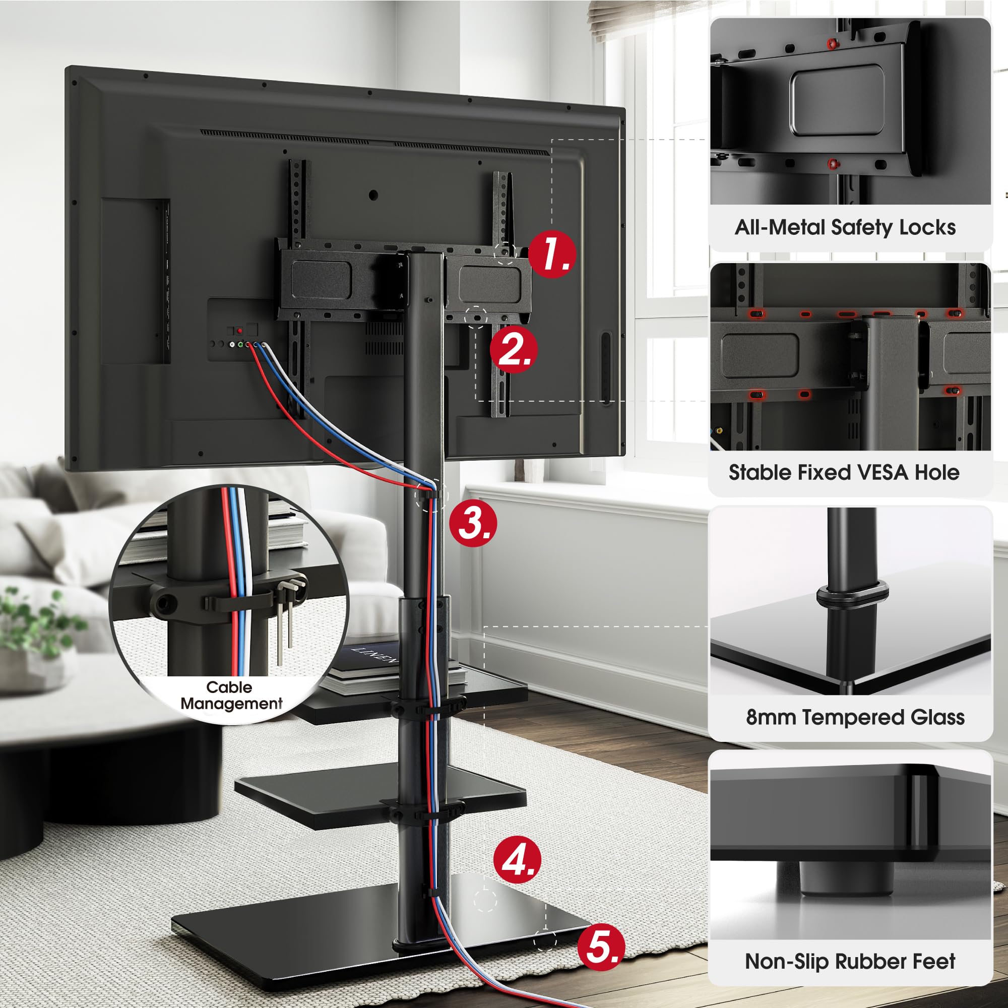RFIVER TV Vloerstandaard Met 3 Planken Voor 32-70 Inch Plat/Gebogen TV - In Hoogte Verstelbaar, Draaibaar - Max. VESA 400x400 mm Tot 50 kg