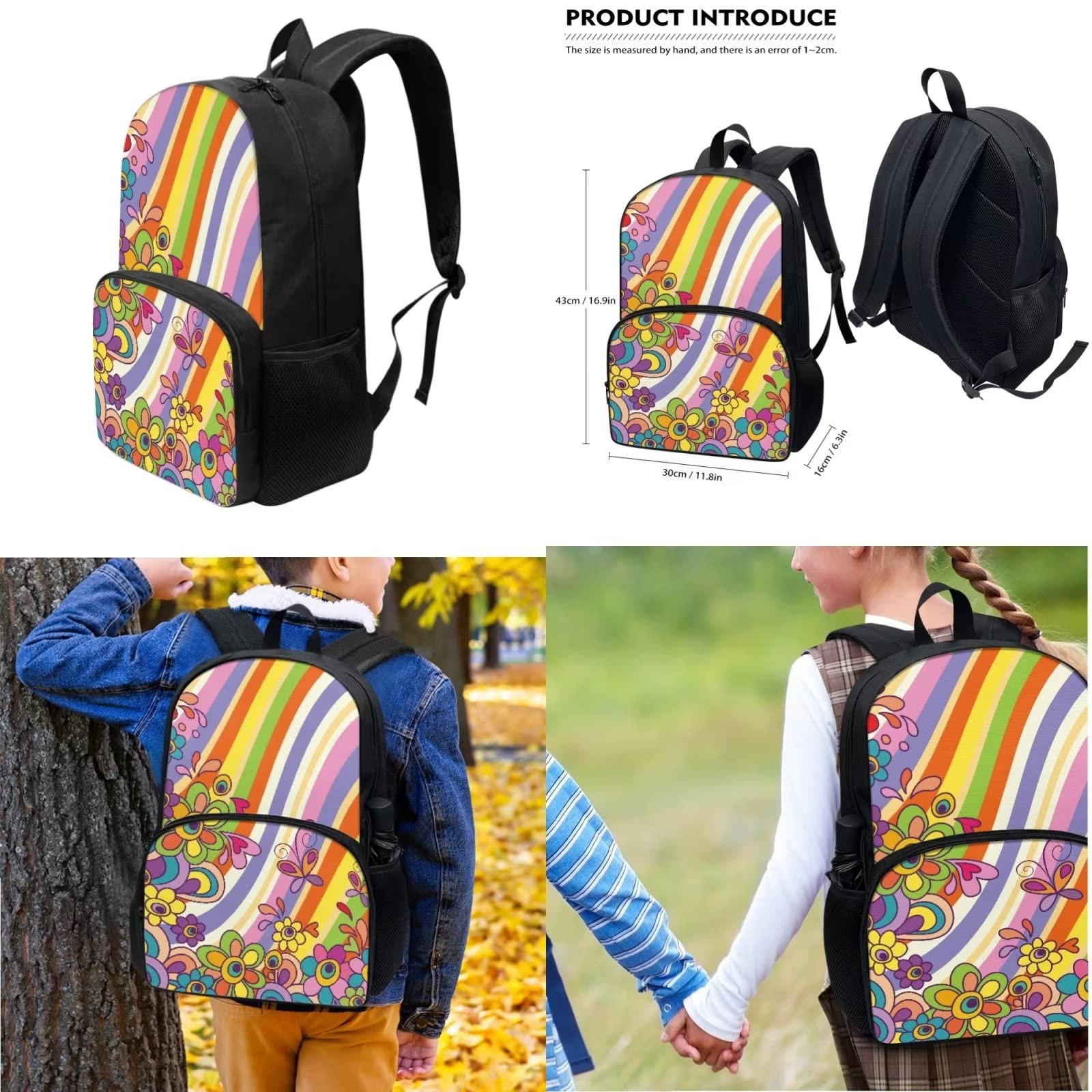 POLERO Mochila escolar de caballos para niños, juego de bolsas de almuerzo, estuche para lápices, 3 piezas, bolsas escolares, Flores de mariposa de rayas coloridas, Talla única, Mochila infantil