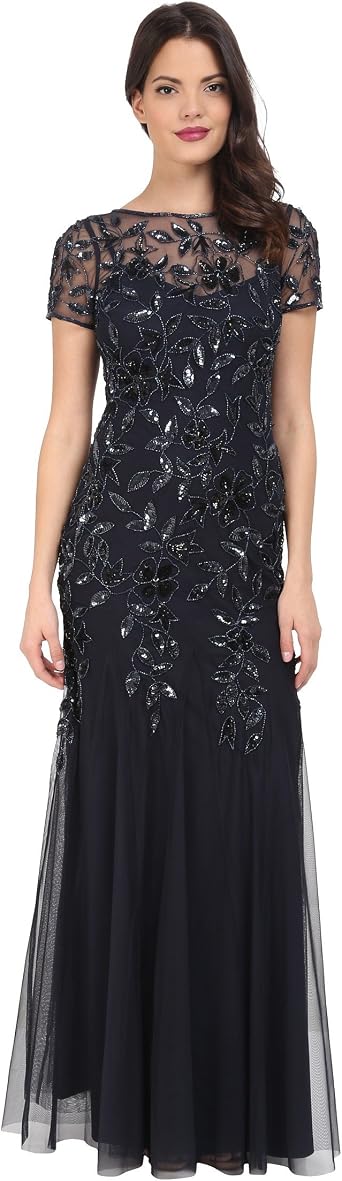 Adrianna Papell Womens Beaded Gown with Godets - Floor Length Gown with Floral Embellishments & Cap Sleeves
