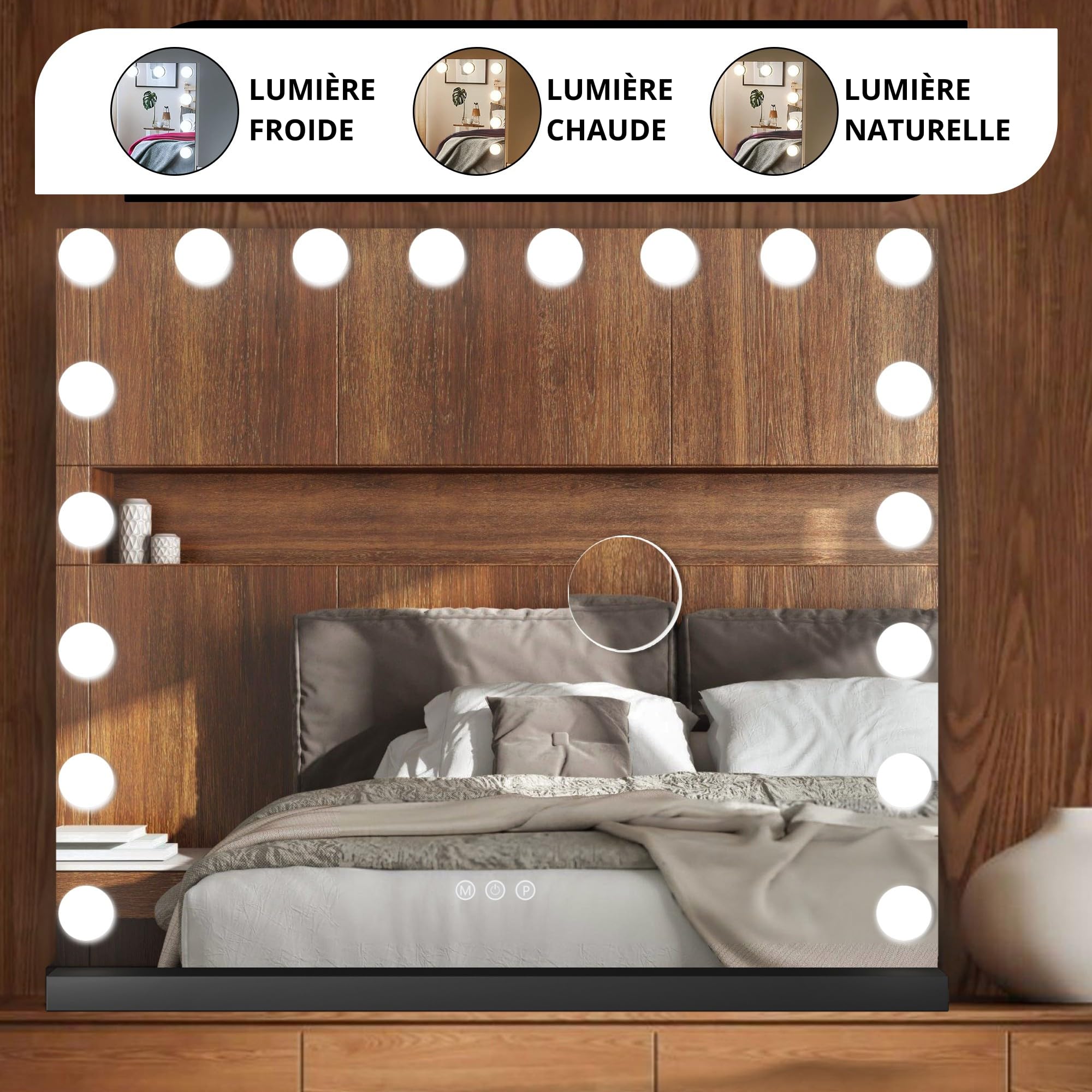 Bayt Miroir Maquillage Hollywood avec Éclairage 80x60 cm – Miroir LED Dimmable avec Grossissement 10x – Noir