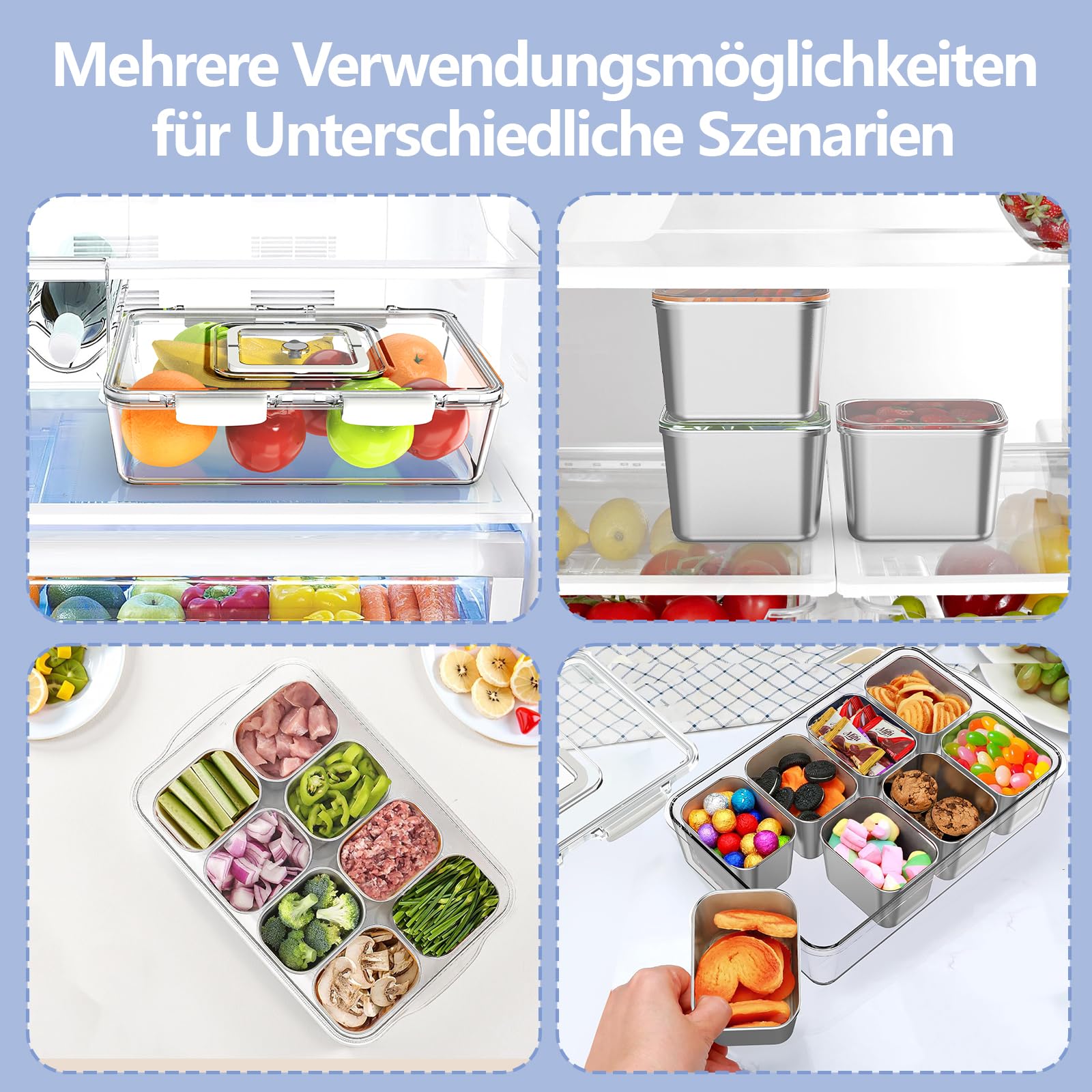 JINDUN Snackbox mit 8 Edelstahl Fächern, Snackteller mit Griff und Deckeln