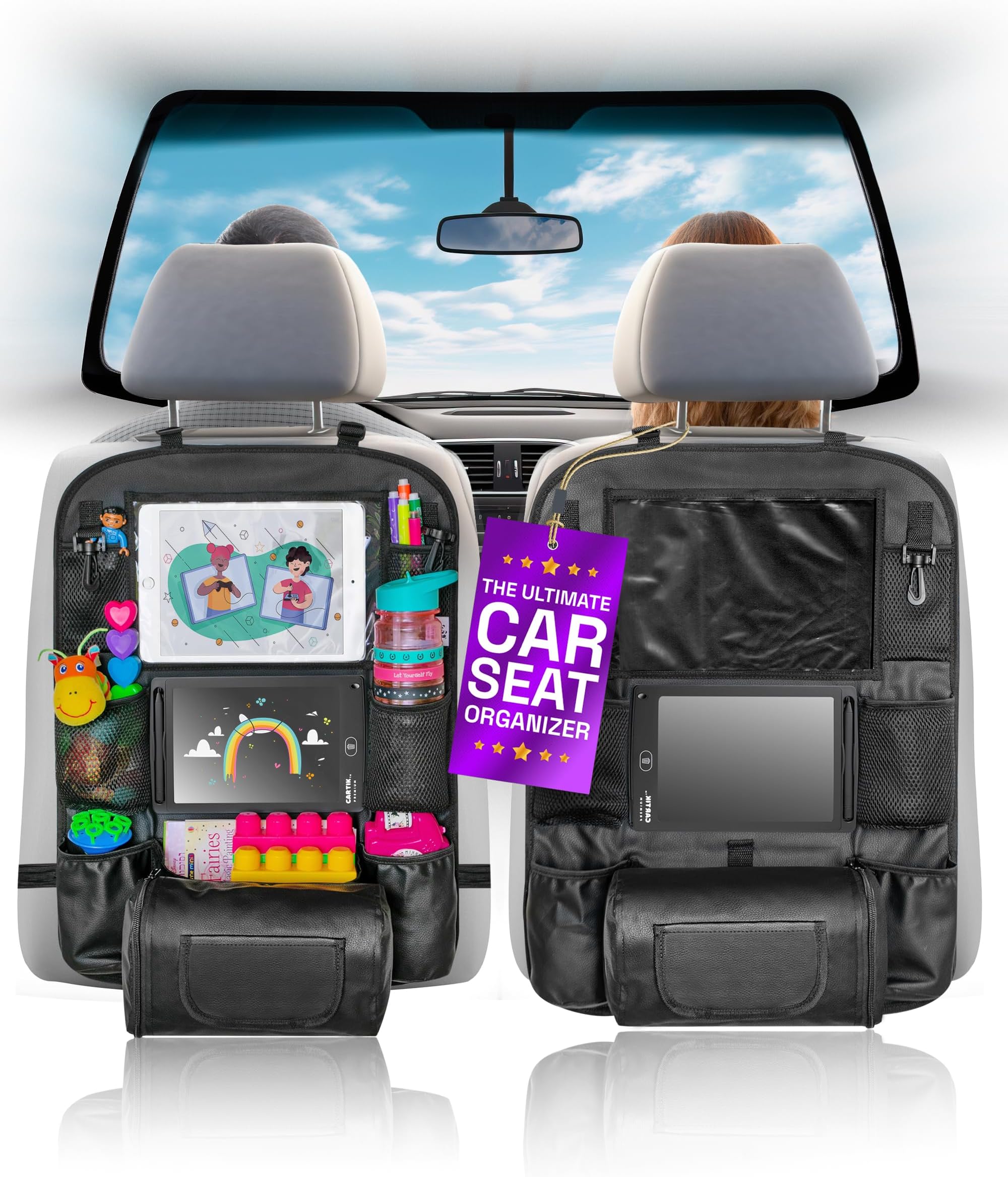 Backseat Car Organizer 2 Pack For Kids, Babies And Toddlers, With Tablet Holder By iPad Touch Screen, Fit To Baby Stroller, Large Storage, Kick Mat, Back Seat Protector, eBook (2 Pack)