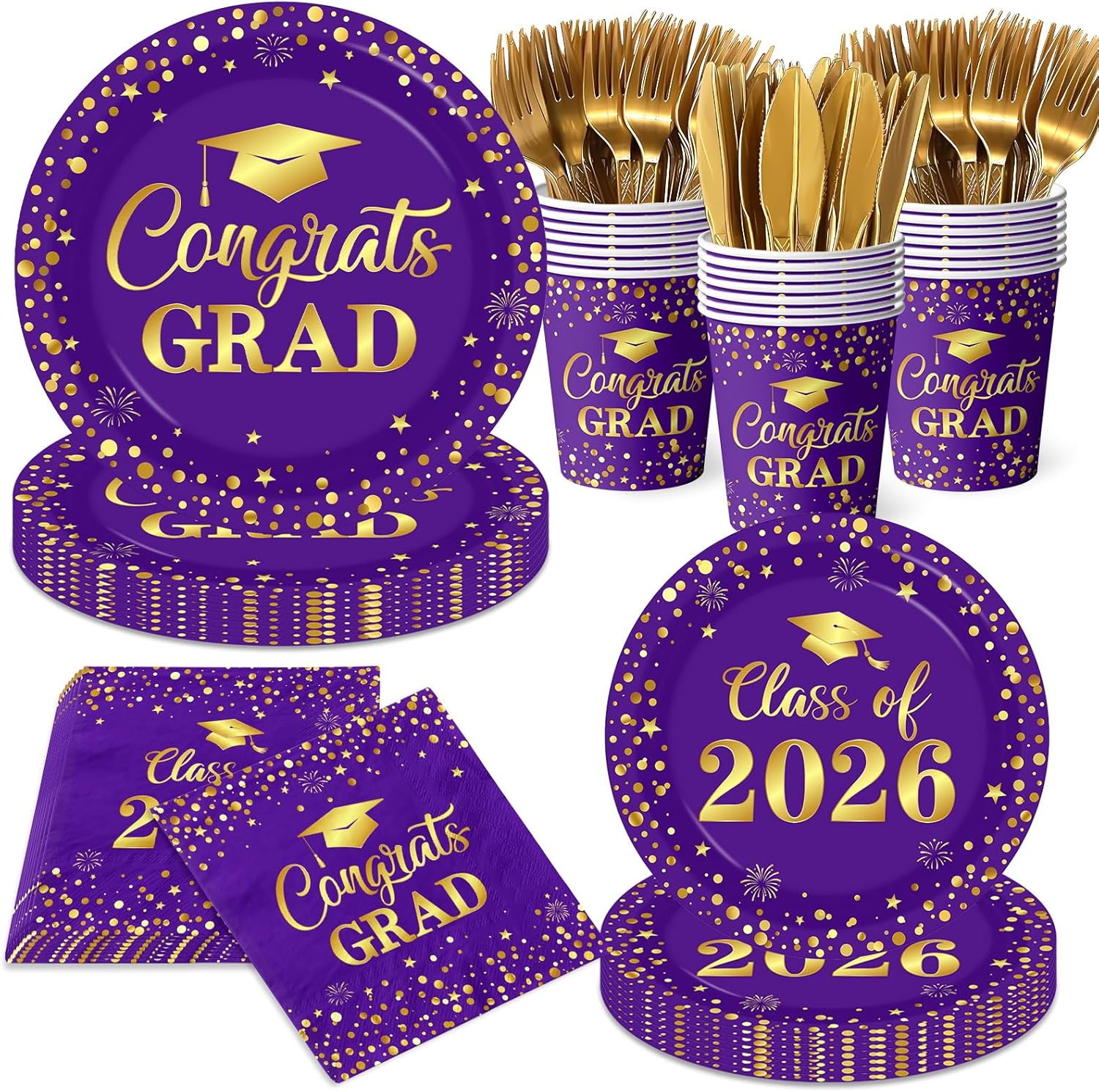Graduation Plates and Napkins 2026, Purple and Gold Graduation Decorations, Disposable Congrats Grad Paper Plates Napkins Cups for Class of 2026 Party Supplies, Serve 25