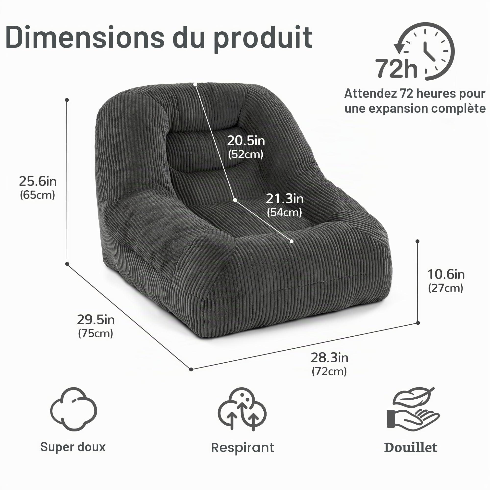 Pamapic Pouf Salon, Pouf Géant avec Éponge de Remplissage, Fauteuil Salon avec Poignée Portable & Fonction d’Inclinaison du Dossier, Idéal pour Salle de Jeux, Chambre, Design Ergonomique, Gris