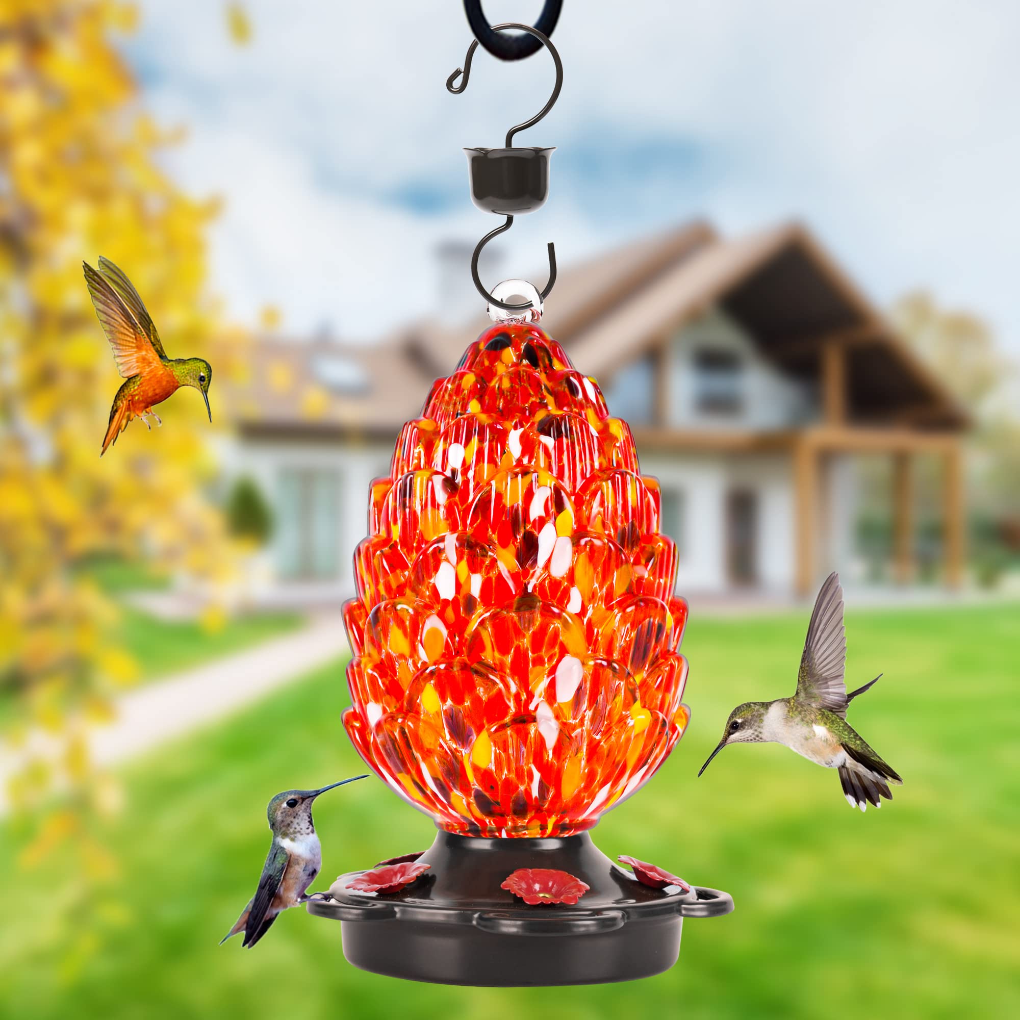 LUJII Mangiatoia per colibrì a forma di pigna, in vetro soffiato a mano, per esterni, antiruggine e a prova di perdite, 60 ml, regalo unico per gli amanti degli uccelli, decorazione da giardino e