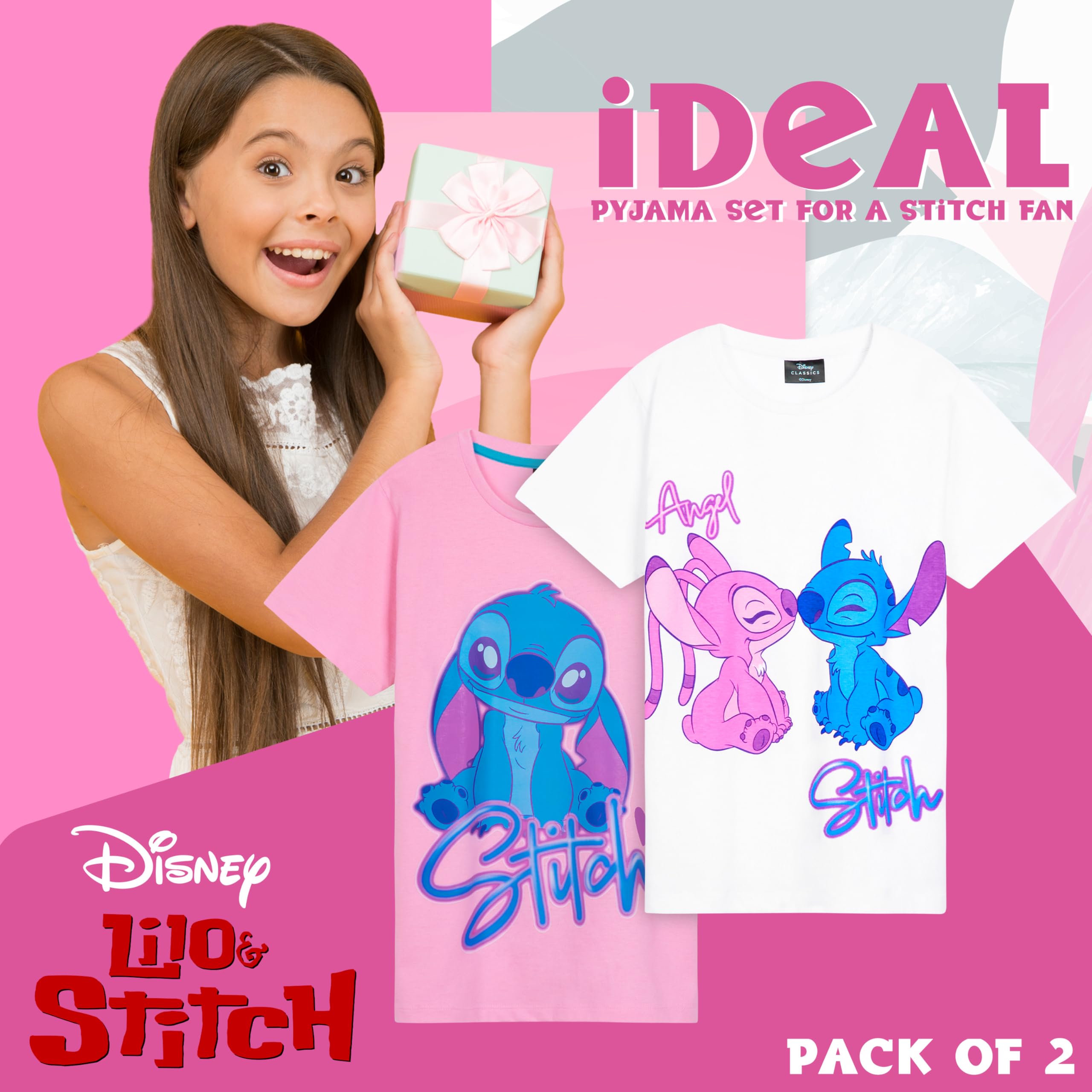 Disney Stitch Pijama Corto Niña, Conjunto Verano Camiseta Manga Corta y Pantalón, Pack de 1 o 2 Pijamas, Regalo para Niña