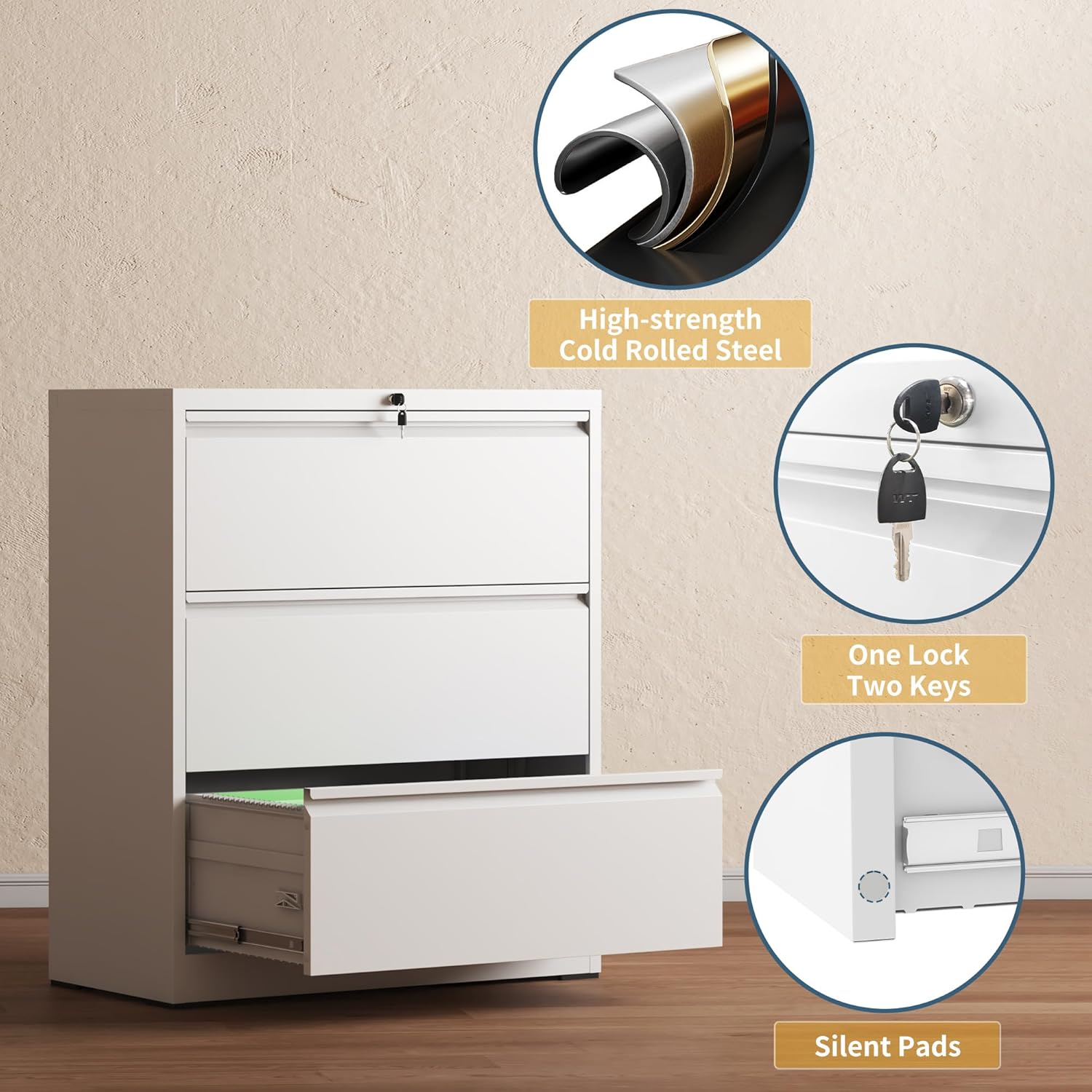 3 Drawer File Cabinet with Lock, Lateral Filing Cabinets,Metal Storage Filing Cabinets for Home Office, Heavy Duty File Cabinet for Letter/Legal/A4/F4 Size Amsseble Required, White