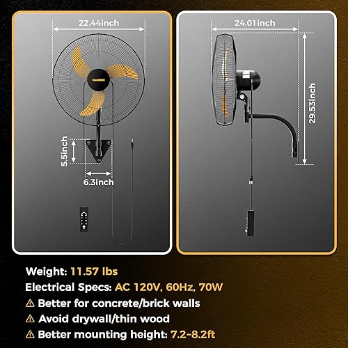 Miniatura 8 de Ventilador oscilante de montaje en pared de 20 pulgadas, control remoto extendido con cable de 3.3 pies y cable de alimentación de 6.6 pies,