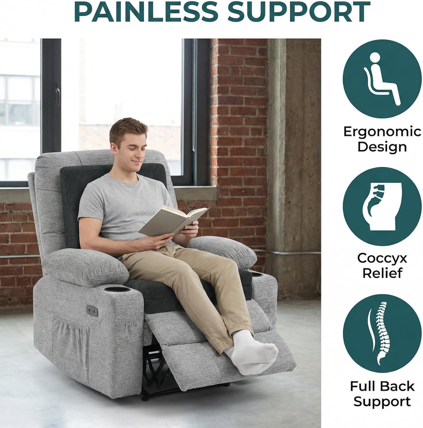 baibu Memory Foam Recliner Cushions with Lumbar Support Pillow Set for Elderly, 20x20x5 Inch Dual-Layer Design Non-Slip Recliner Seat Cushion & Back Support Pillow for Reduce Hip & Lumbar Pain, Black - Image 3