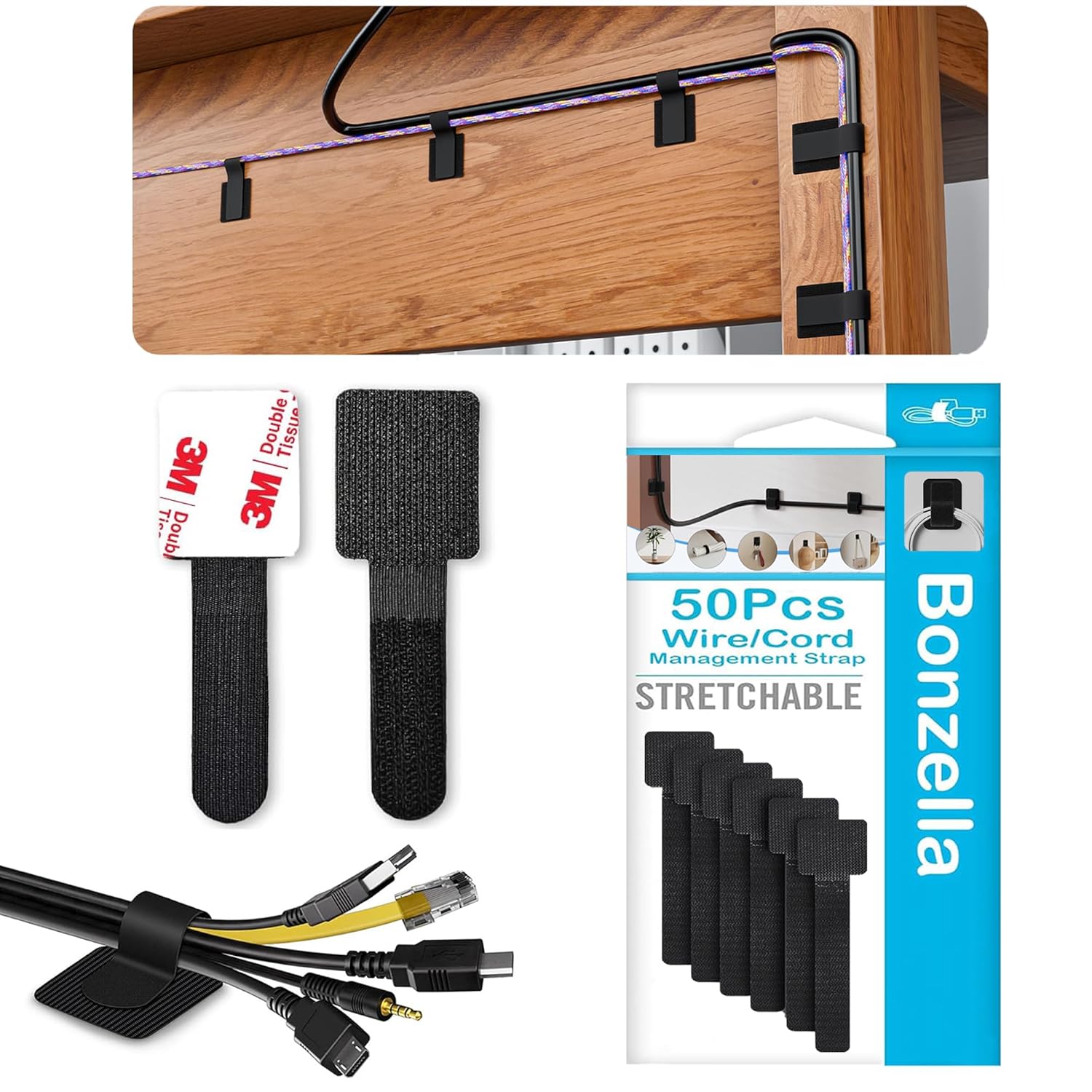 50pcs Hook and Loop Cable Organizer Tape,Velcro Cable Ties, Strong Self-Adhesive Wire Organizer Straps, Adjustable Cord Management Velcro Clips for Household & Office Essentials (50, Black) 50pcs Hook and Loop Cable Organizer Tape,Velcro Cable Ties, Strong Self-Adhesive Wire Organizer Straps, Adjustable Cord Management Velcro Clips for Household & Office Essentials (50, Black)