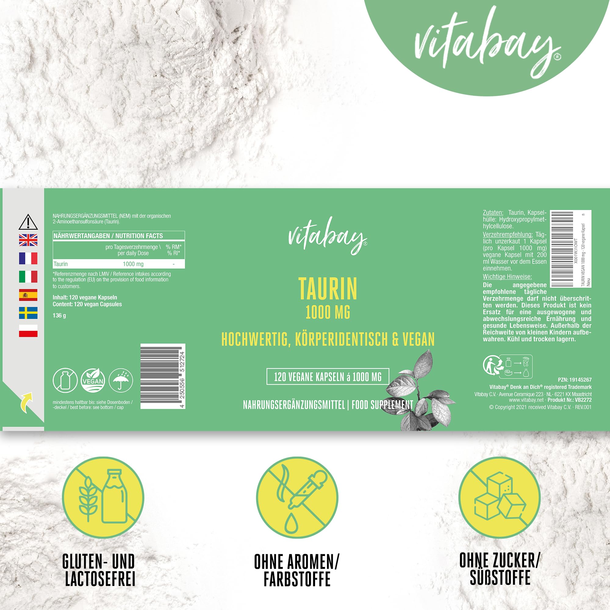 Vitabay Taurin Kapseln Hochdosiert 1000mg - 360 Taurin Kapseln | Vegan & Laborgeprüft - Taurine Capsules Aminosäure Taurine 1000mg - Körperidentisch & ohne unerwünschte Zusätze