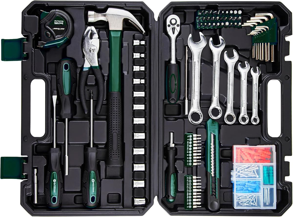 Juego de herramientas de llave de tubo de 180 piezas Caja de kit de reparación para el hogar y el automóvil verde | Surtido versátil de llaves de tubo y herramientas manuales para reparación de automóviles, arreglos domésticos, proyectos de bricolaje, trabajos de garaje y uso de mantenimiento.