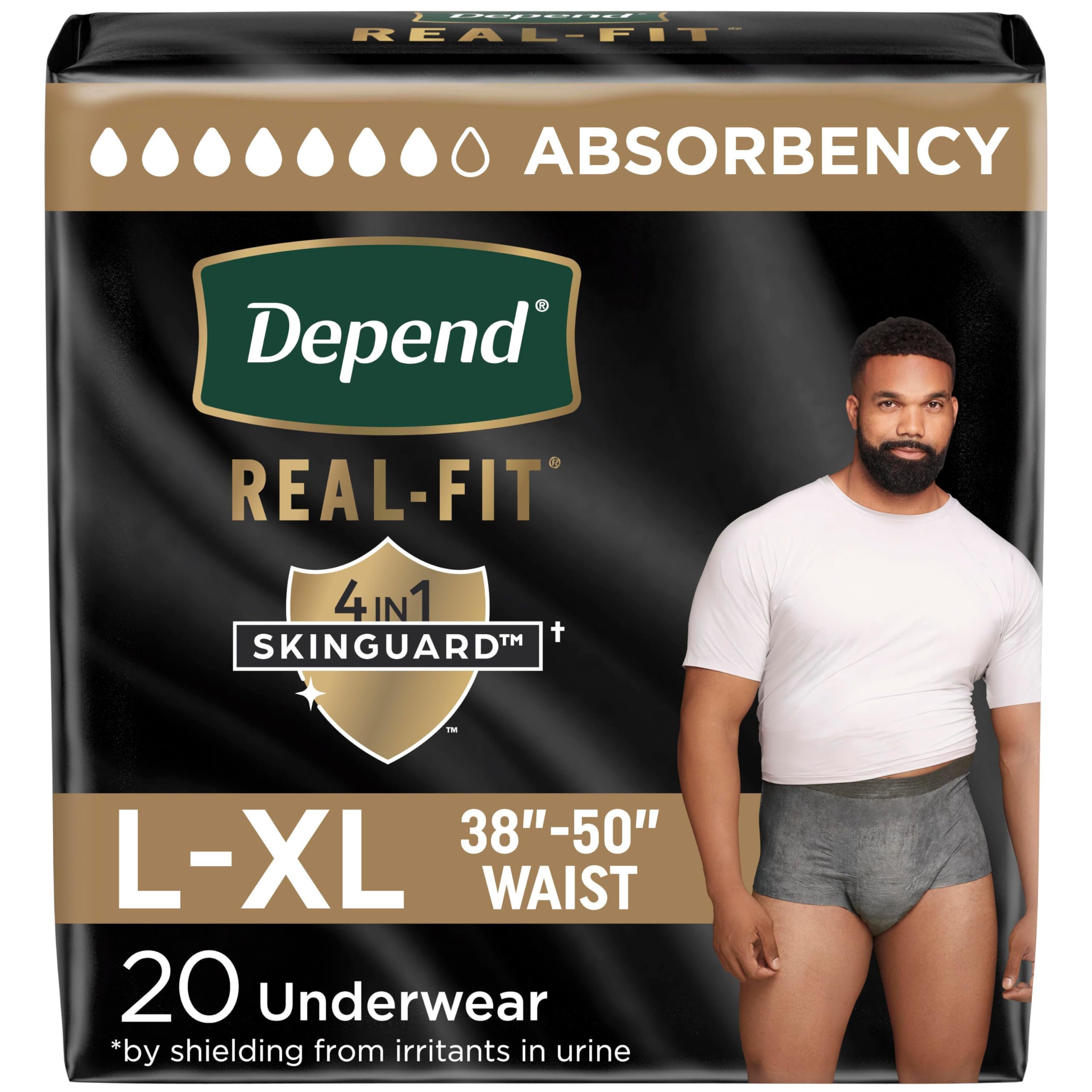 DependReal Fit Incontinence Underwear for Men, Maximum Absorbency, Disposable, Large/Extra-Large, Grey, 20 Count (Packaging May Vary)
