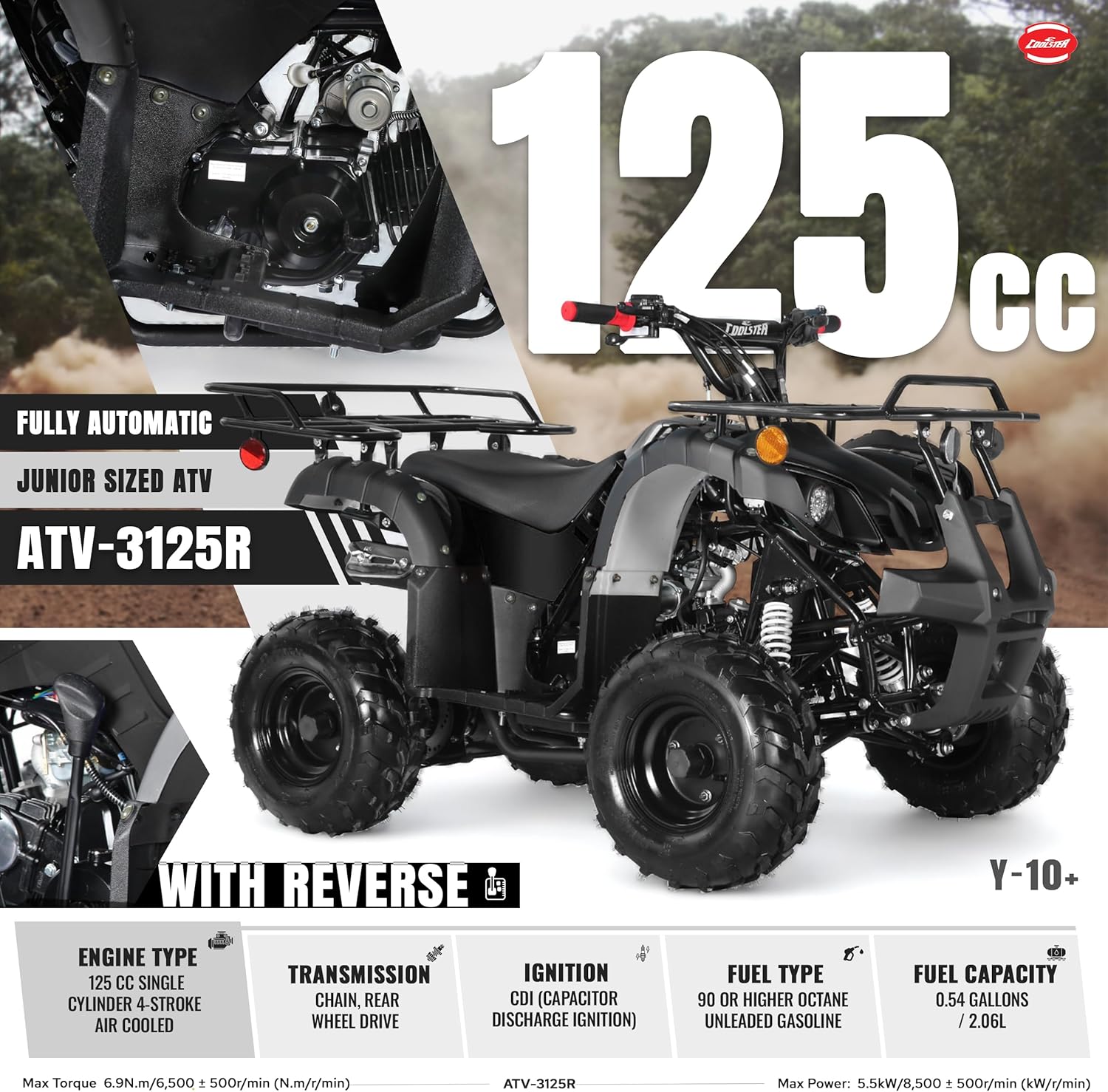 Coolster 125cc ATV for Kids & Adults, Black - Gas Powered Automatic 4 Wheeler Quad with Electric Start, ATV-3125R