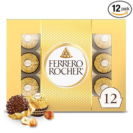 Ferrero Rocher Fine Hazelnut Milk Chocolate, 12 Count, Pack of 6 Individually Wrapped Chocolate Candy Gift Boxes, 5.3 oz