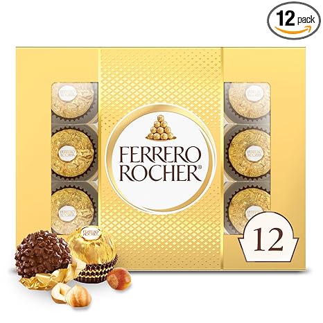 Ferrero Rocher Fine Hazelnut Milk Chocolate, 12 Count, Pack of 6 Individually Wrapped Chocolate Candy Gift Boxes, 5.3 oz
