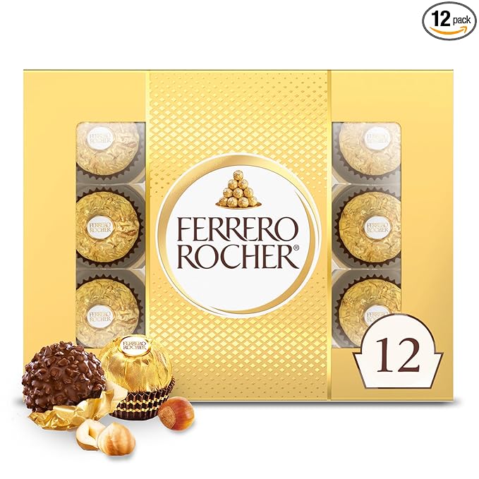 Ferrero Rocher Fine Hazelnut Milk Chocolate, 12 Count, Pack of 6 Individually Wrapped Chocolate Candy Gift Boxes, 5.3 oz