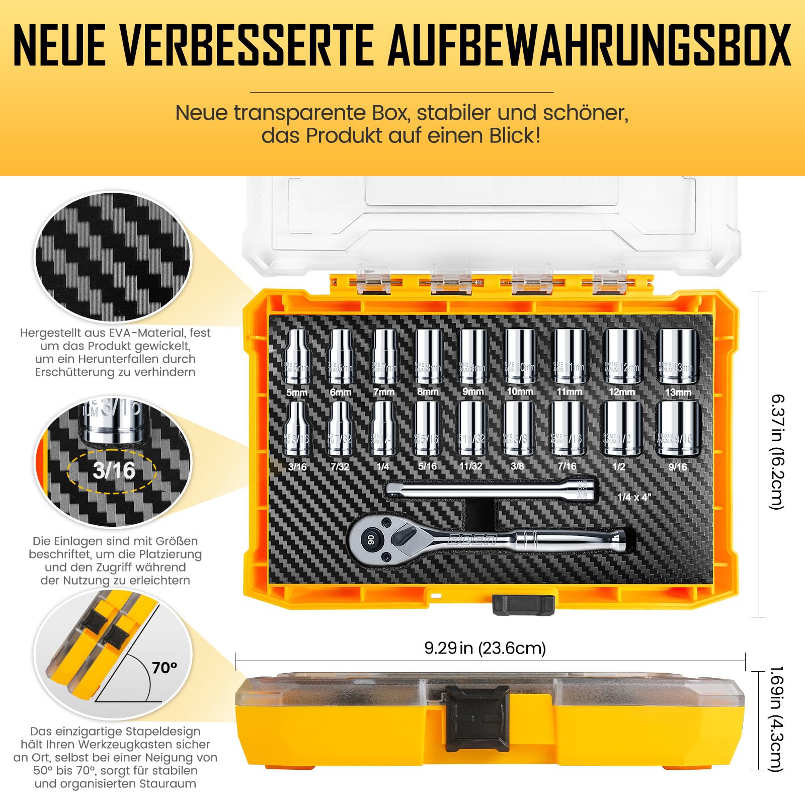 Mr.wintek Steckschlüssel-Set 20-teilig – 1/4 Zoll, Metrisch & SAE, Mit Ratsche & Box