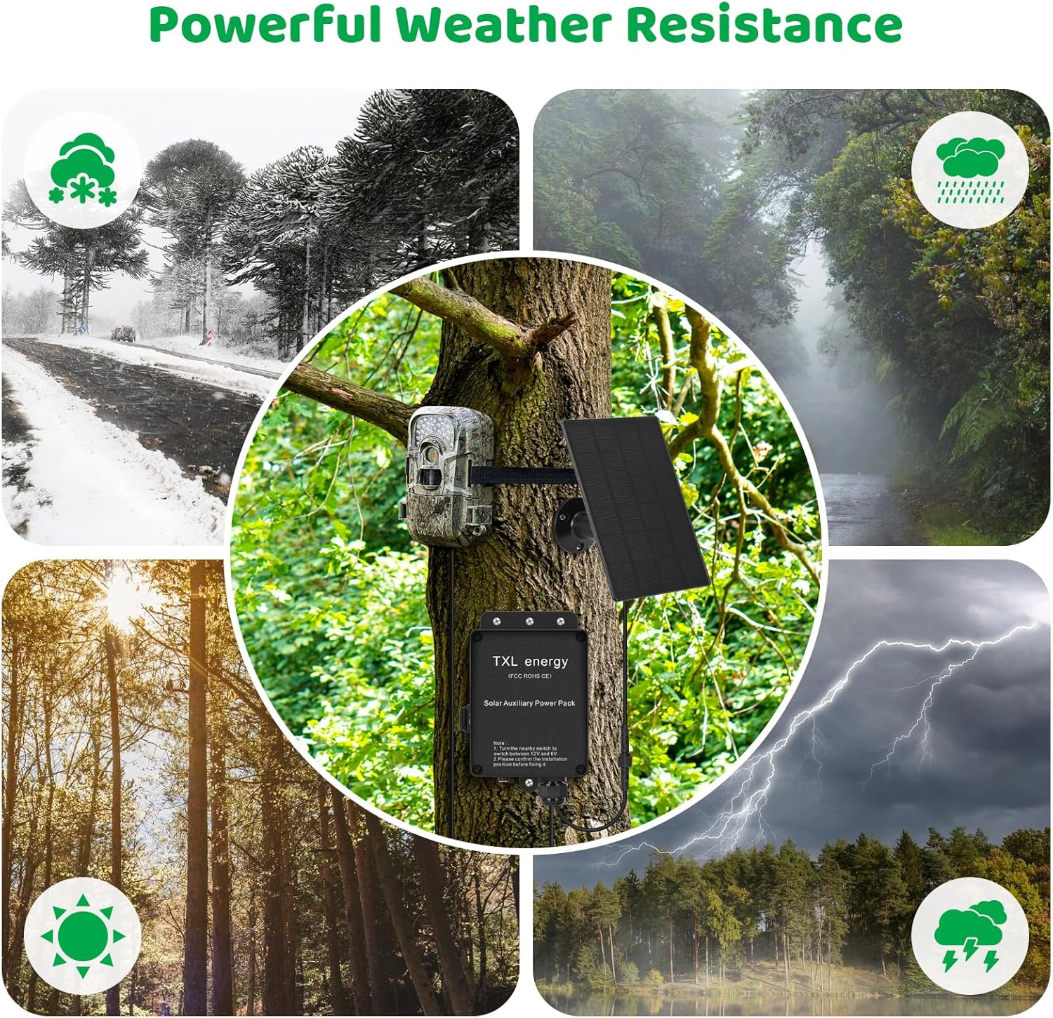 TXL Trail Camera 6V/12V Solar Auxiliary Power Pack with Durable Weather-Resistant Case and External Power Socket Charger for Stealth Hunting Cameras, 10ft Cable Included
