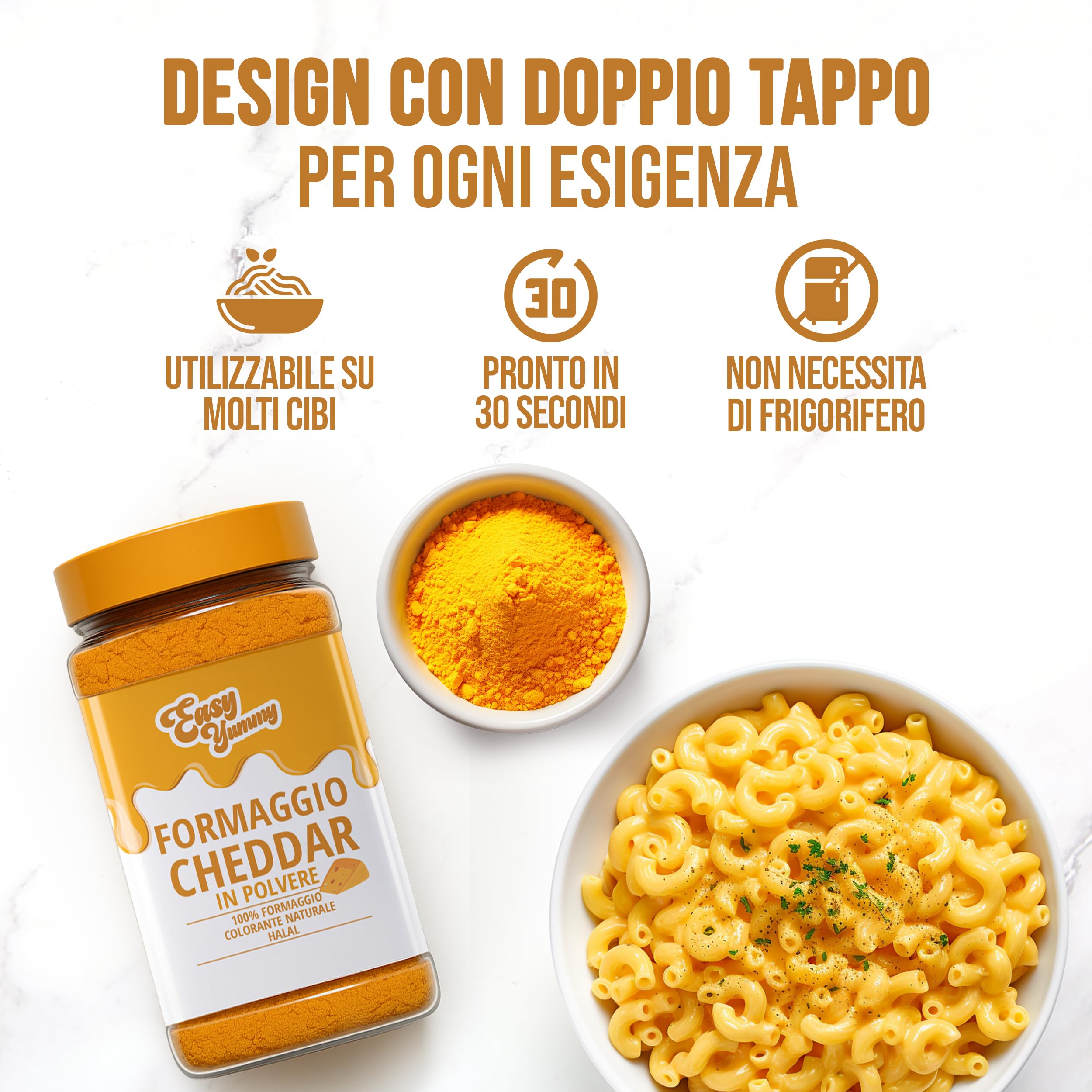 EASY YUMMY - Polvere di Formaggio Cheddar 300 g – Gusto di Formaggio Istantaneo per Piatti & Snack – Sempre Pronto, Senza Frigo – Prodotto in Europa con 100% Formaggio Reale – Colorazione Naturale