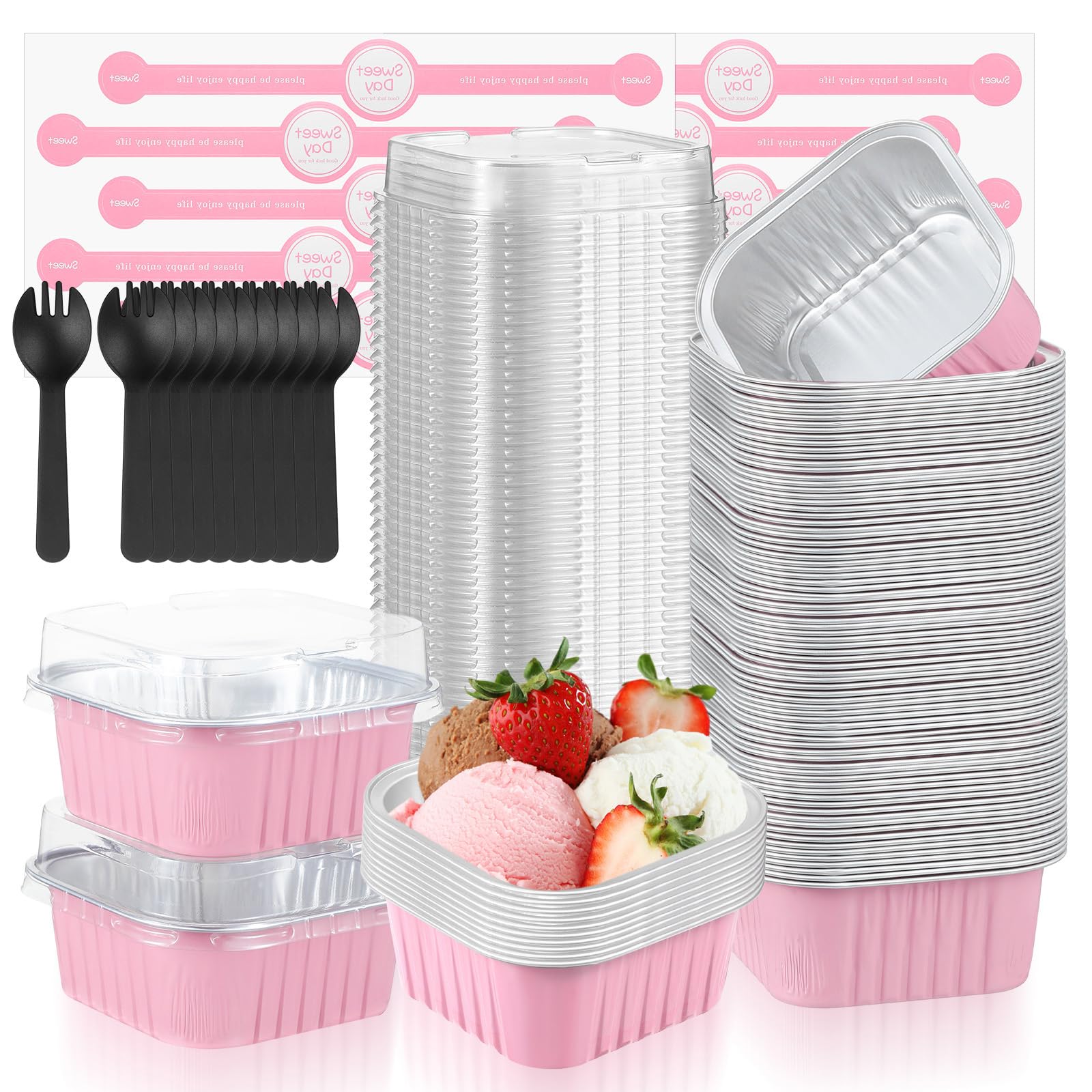 Photo 1 of 100 Set 5oz Mini Cake Pans with Lids and Spoons,Cake Tins Foil Bread Pan Disposable Mini Loaf Pan with 100 Spoons Sealing Stickers, Food Containers Aluminum Pans for Food Serving for Bakery Party