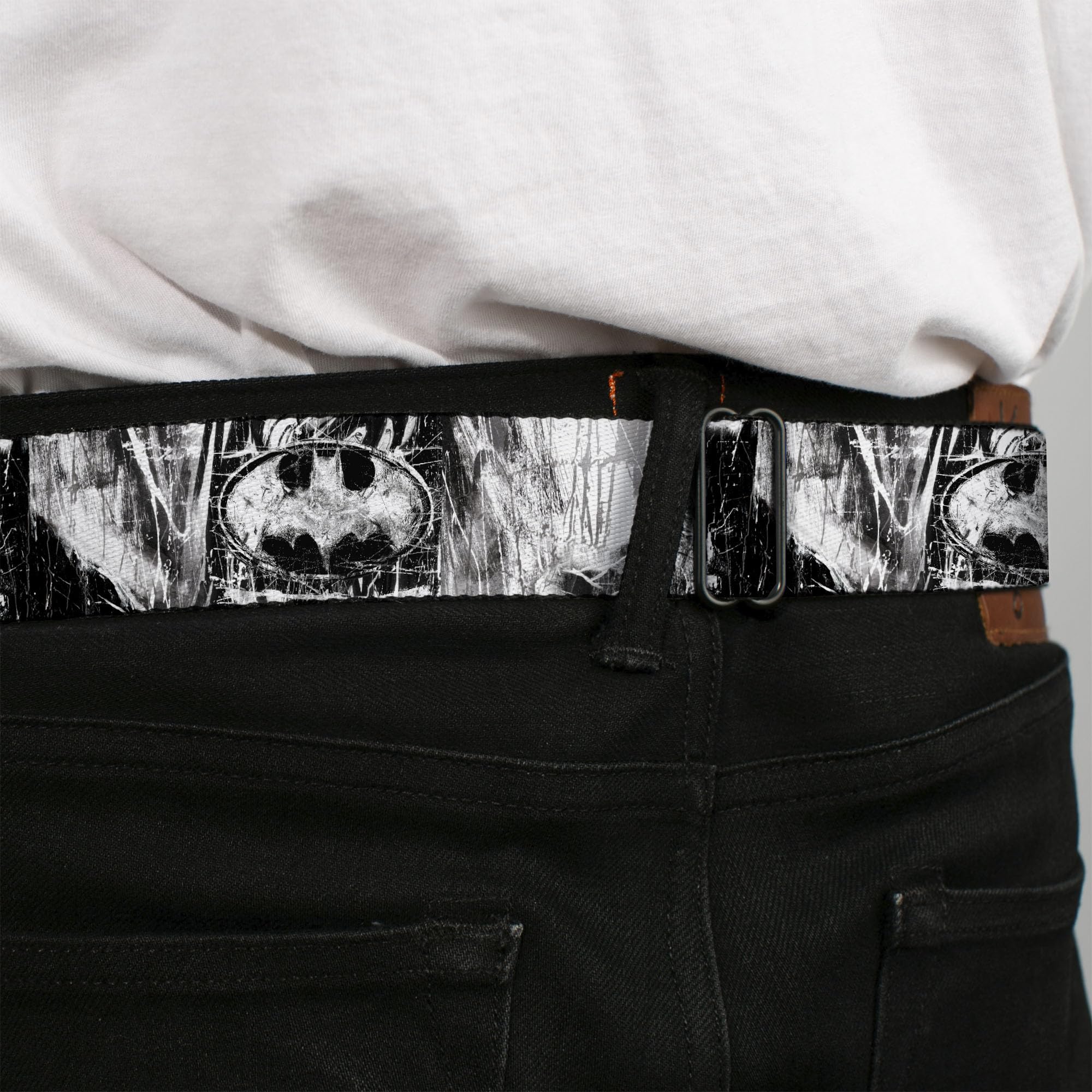 Buckle-Down Men's Seatbelt Belt Kids, Batman face/Bat Shield Sketch White/Black, 1.0'' Wide-20-36 Inches'