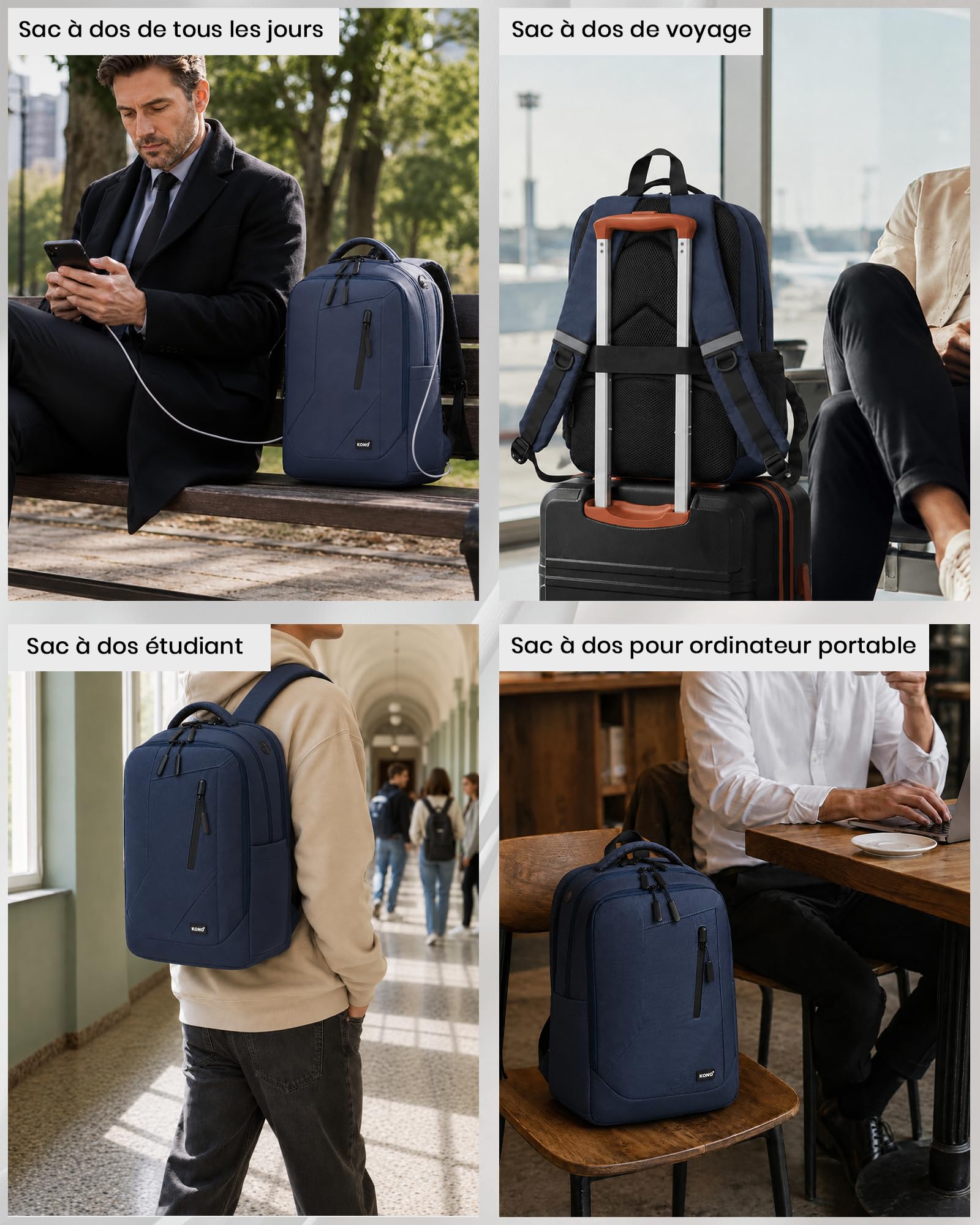 Kono Sac à Dos Ordinateur 15,6 Pouces PC Portable Homme Femme, Bleu Marine
