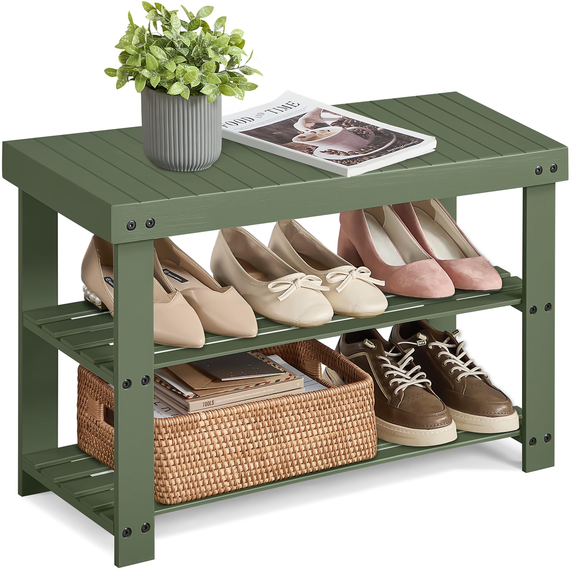 SONGMICS Shoe Rack Bench, 3-Tier Bamboo Shoe Storage Organizer, Entryway Bench, Holds Up to 286 lb, 11.3 x 27.6 x 17.8 Inches, for Entryway Bathroom
