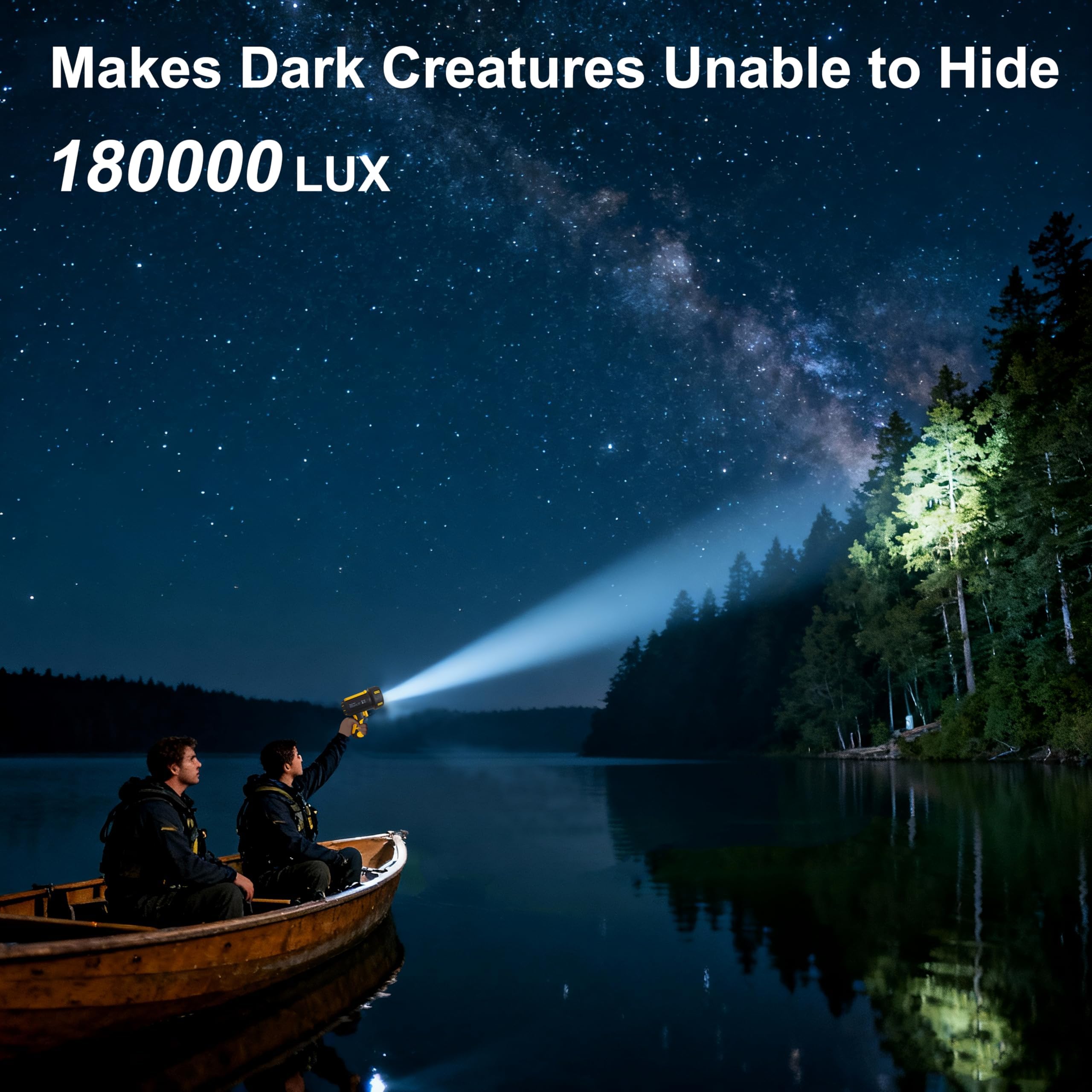 Foco recargable de 1650 lm y haz de 900 m con potente linterna de 13000 mAh, luz de búsqueda de mano impermeable IP67 para caza, camping, emergencia, regalo para papá con luz de advertencia