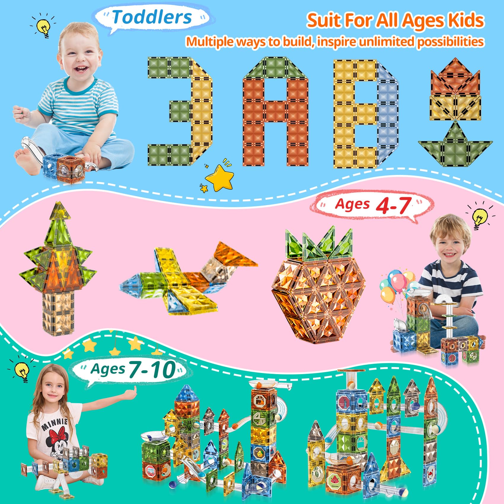 Costruzioni Magnetiche per Bambini Giochi Magnetici Blocchi 142 Pezzi | Luminescenti Costruzione Magnetic Tiles con Pista Giocattoli STEM Montessori Educativi Regalo per Ragazzi Ragazze 3+ Anni