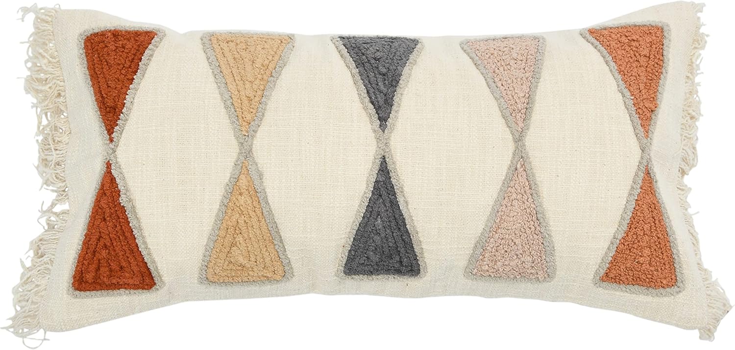 Bloomingville Embroidered Cotton Lumbar Pillow with Fringe, Terracotta Multicolor