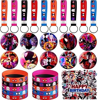80 Pcs Miles Morales Party Favors, Miles Morales Birthday Party Favors Include 10 Keychains, 10 Miles Morales Bracelet, 10 Button Pins, and 50 Stickers for Miles Morales Birthday Party Decorations