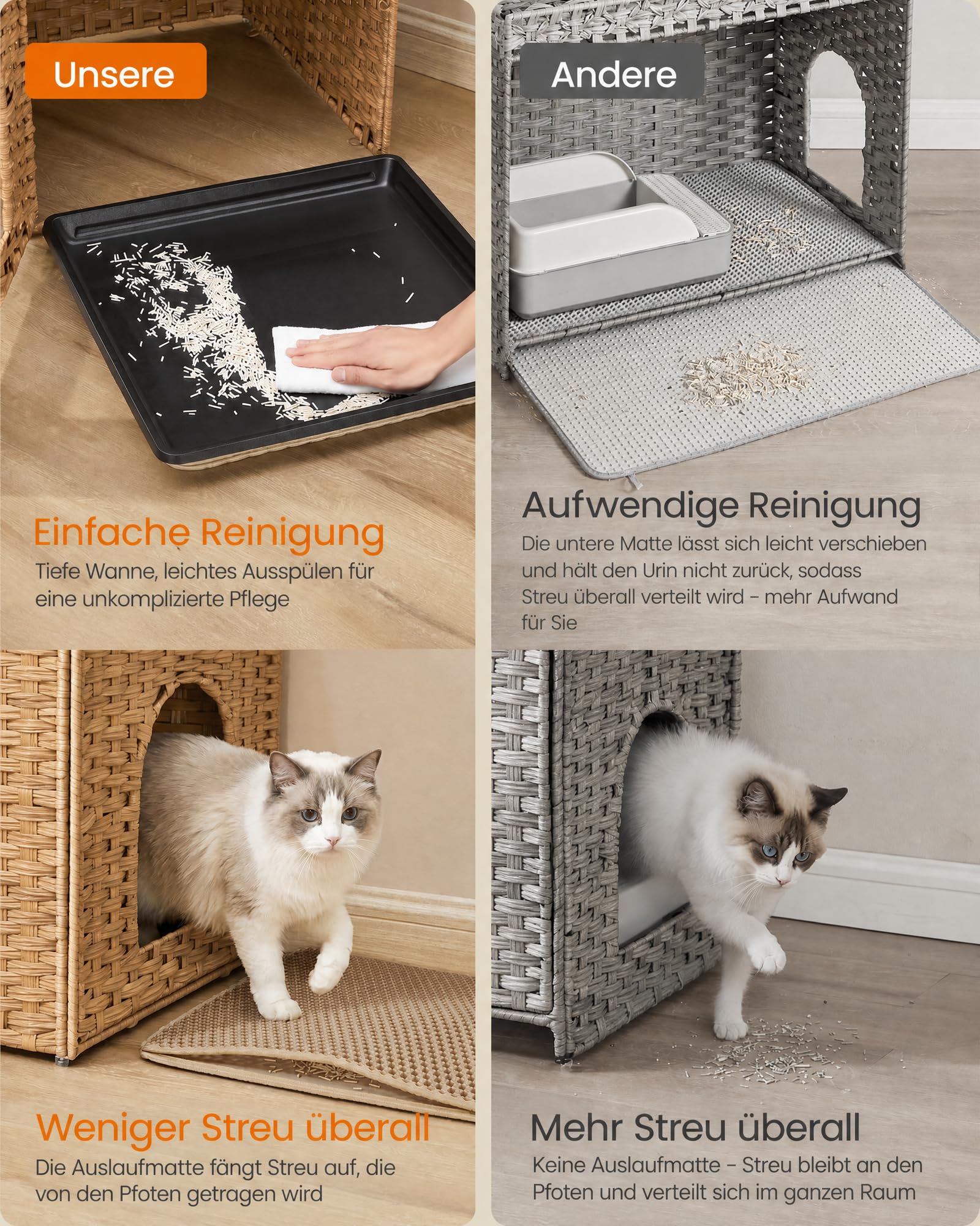 Feandrea Katzenschrank, Handgeflochtenes Katzenhaus, 52,5 x 52,5 x 56 cm | Beistelltisch mit Herausnehmbarem Tablett, in Rattan-Optik, Boho-Stil, Warmgelb, ELIOTT Kollektion PCL024YE01