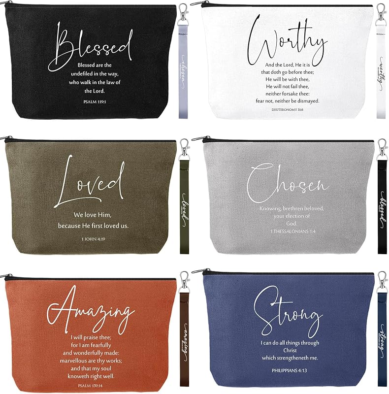 Huhumy Kit com 12 peças de necessaires de maquiagem e chaveiros de pulso, cores neutras, frases bíblicas em inglês